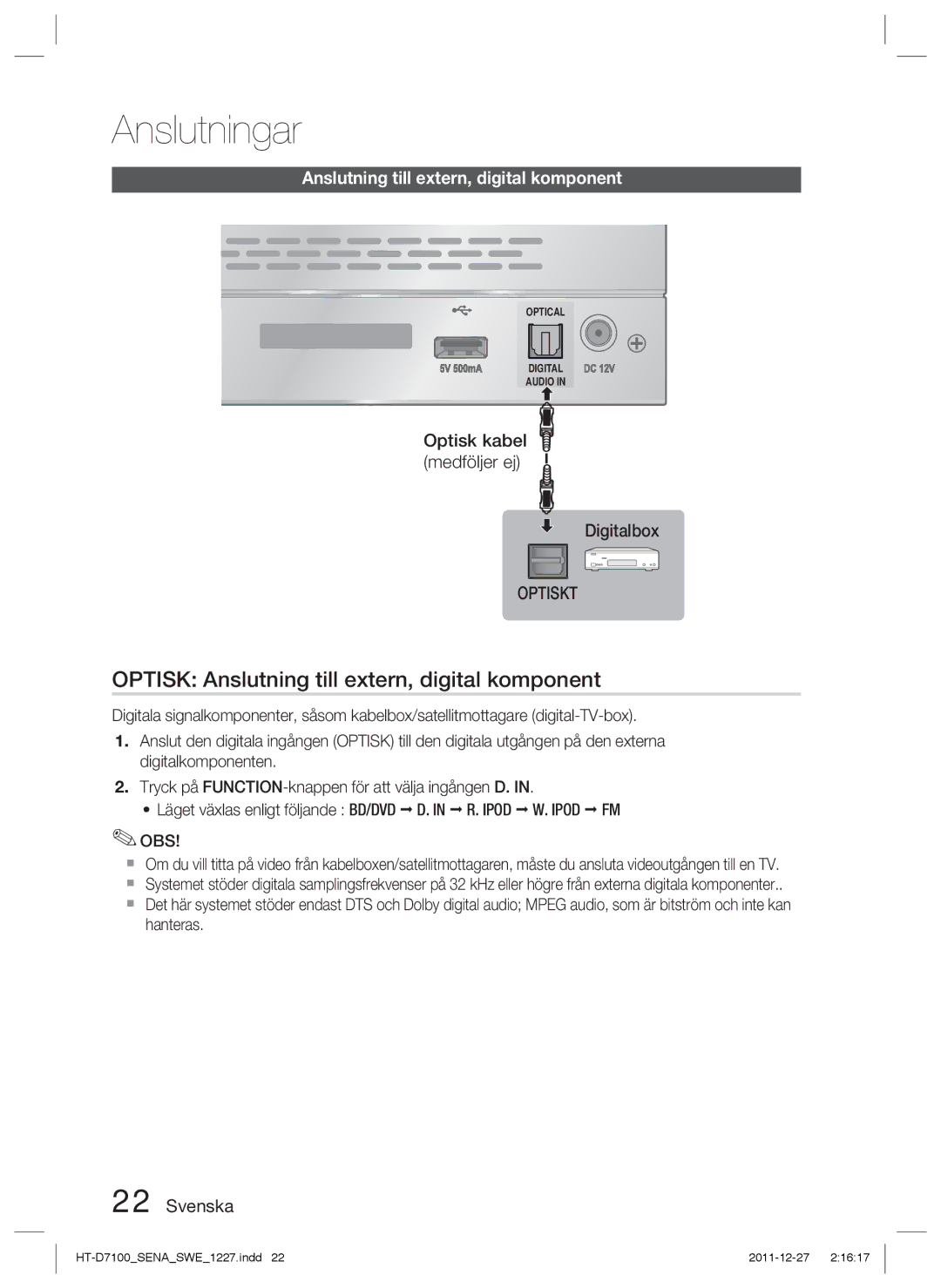 Samsung HT-D7100/XE manual Optisk Anslutning till extern, digital komponent, Optisk kabel medföljer ej Digitalbox 