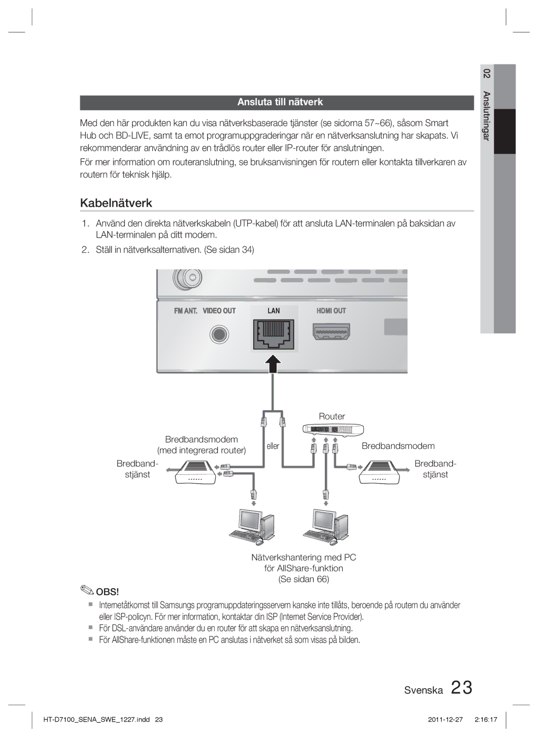 Samsung HT-D7100/XE manual Ansluta till nätverk, Obs 