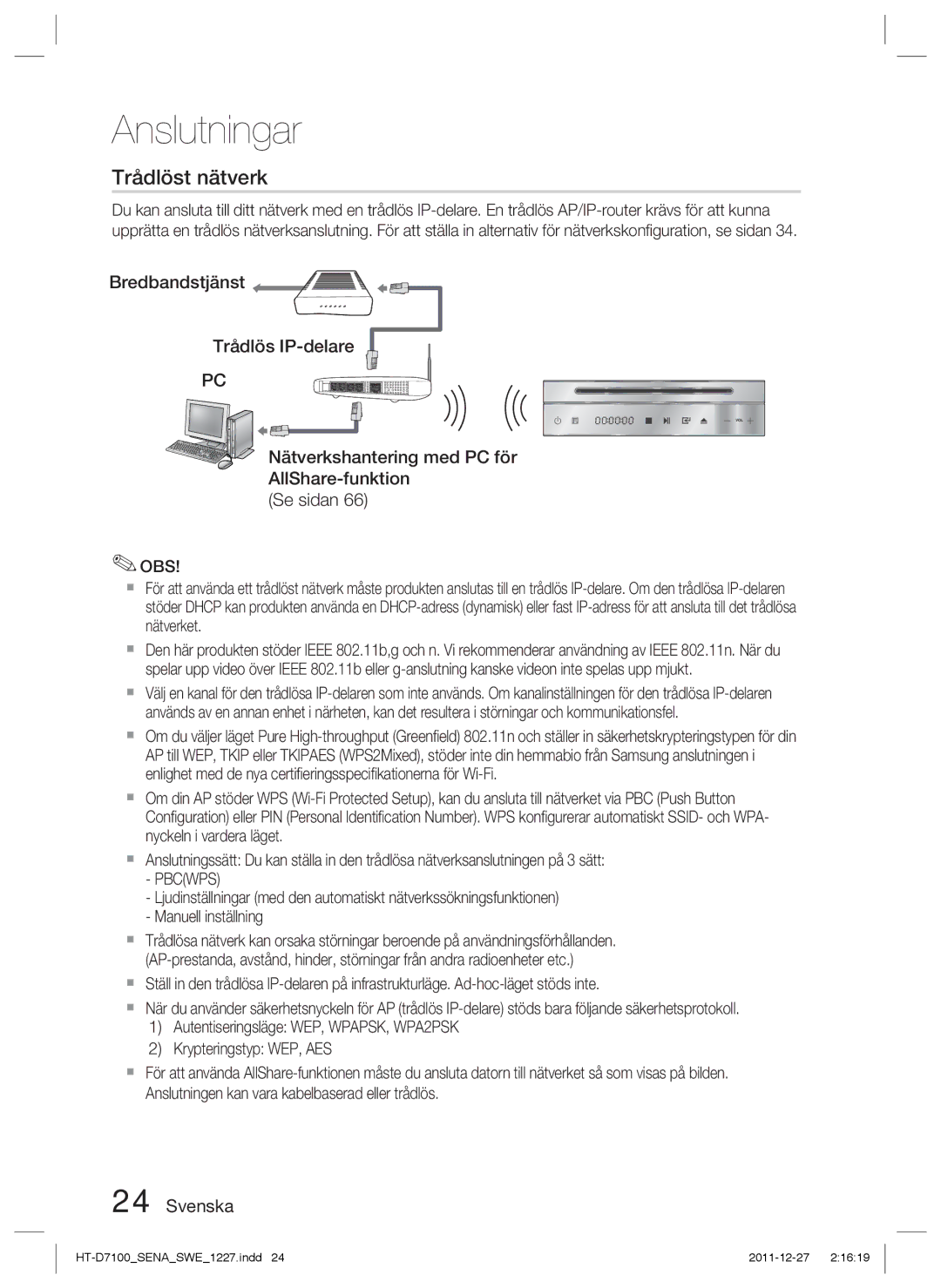 Samsung HT-D7100/XE Bredbandstjänst Trådlös IP-delare, Nätverkshantering med PC för AllShare-funktion Se sidan, Pbcwps 