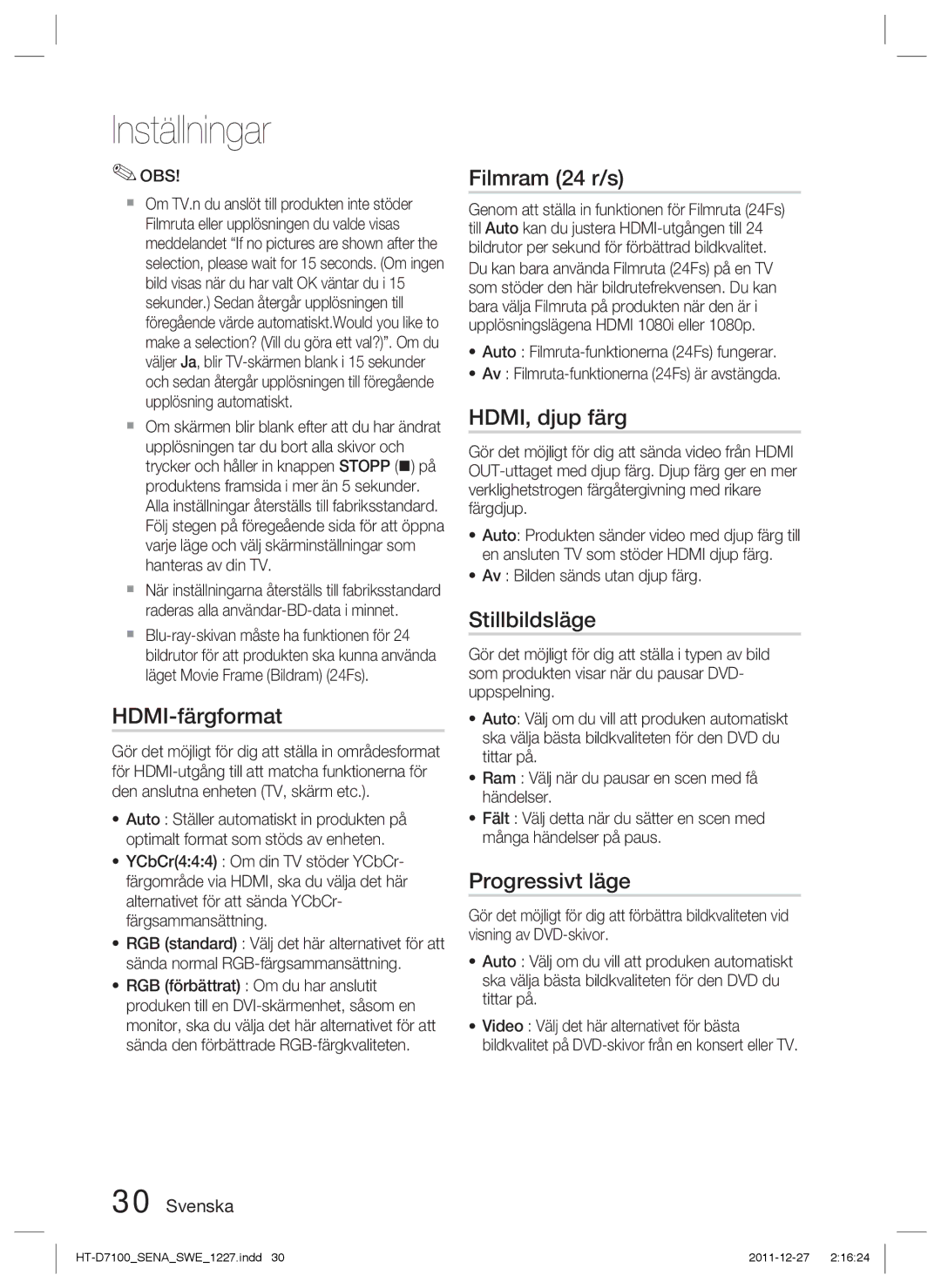 Samsung HT-D7100/XE manual HDMI-färgformat, Filmram 24 r/s, HDMI, djup färg, Stillbildsläge, Progressivt läge 