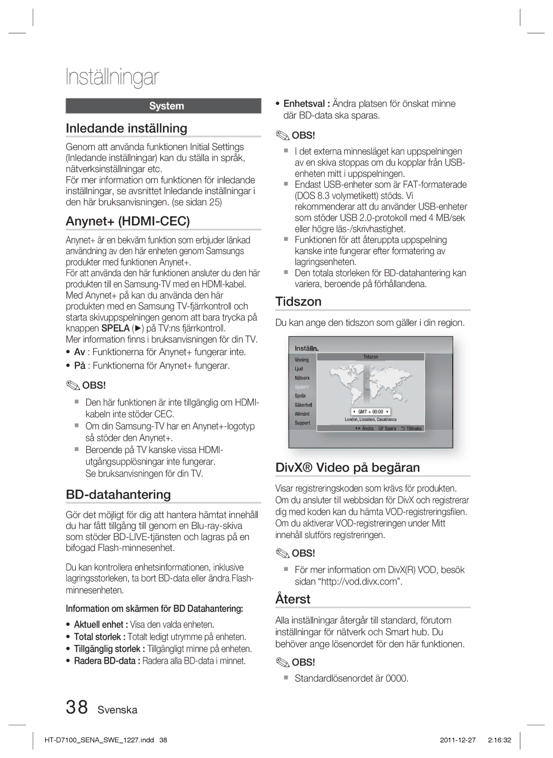 Samsung HT-D7100/XE Inledande inställning, Anynet+ HDMI-CEC, BD-datahantering, Tidszon, DivX Video på begäran, Återst 