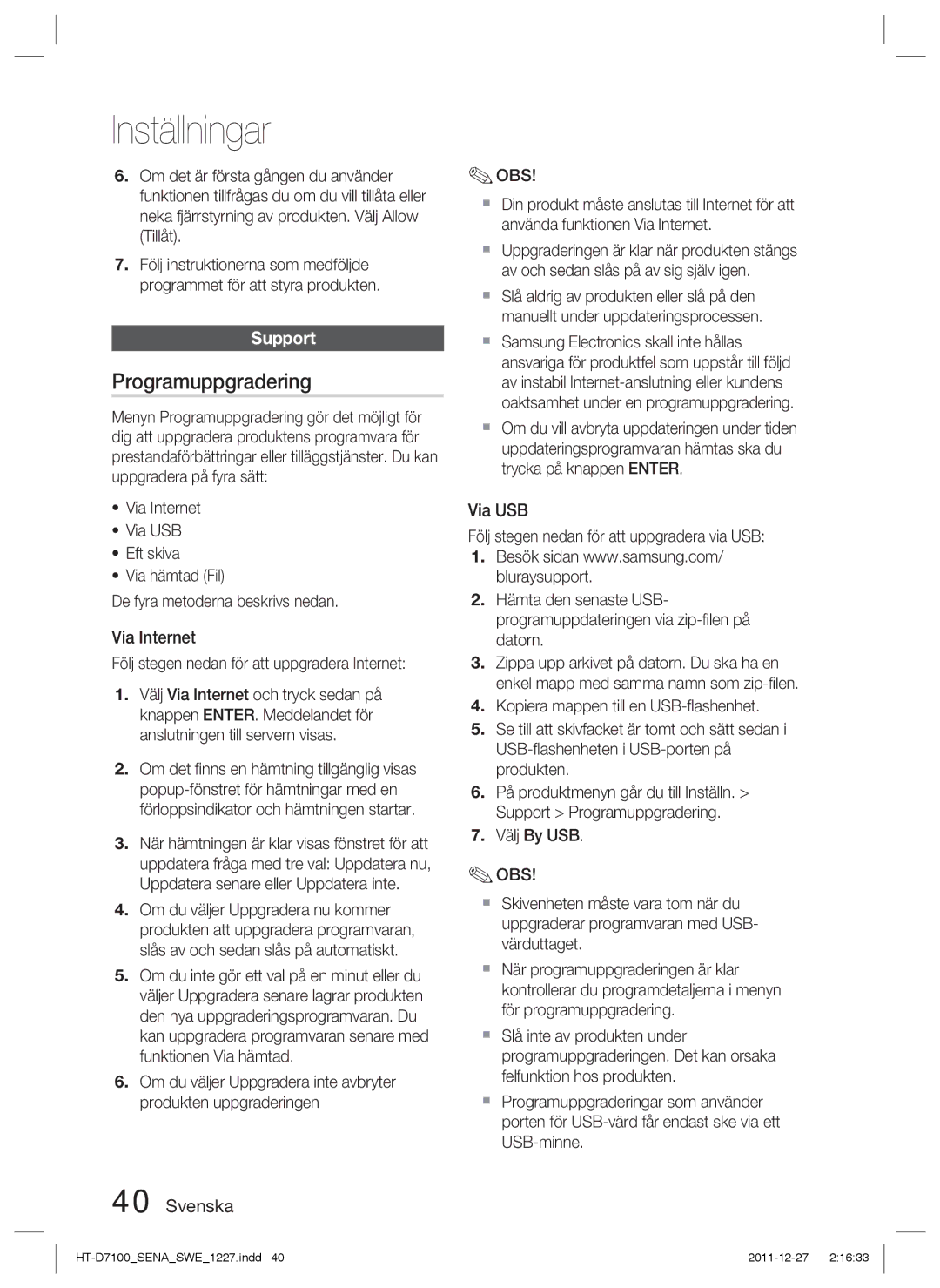 Samsung HT-D7100/XE manual Programuppgradering, Support, Via Internet, Via USB 