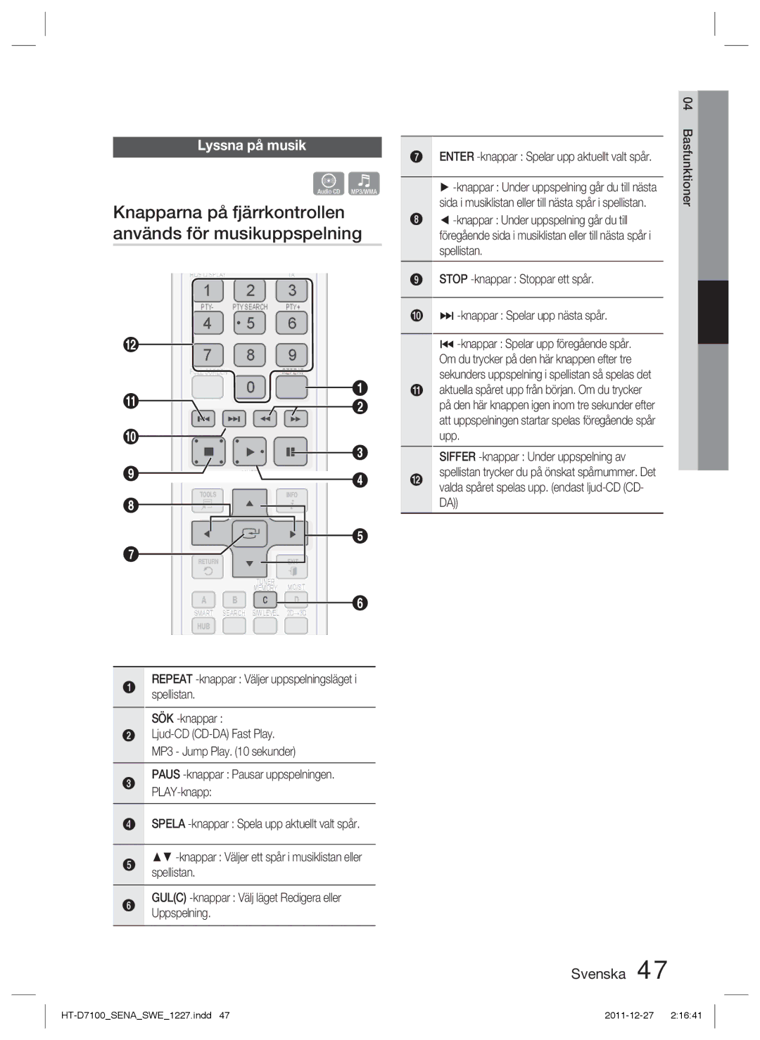 Samsung HT-D7100/XE manual Knapparna på fjärrkontrollen, Används för musikuppspelning, Lyssna på musik 