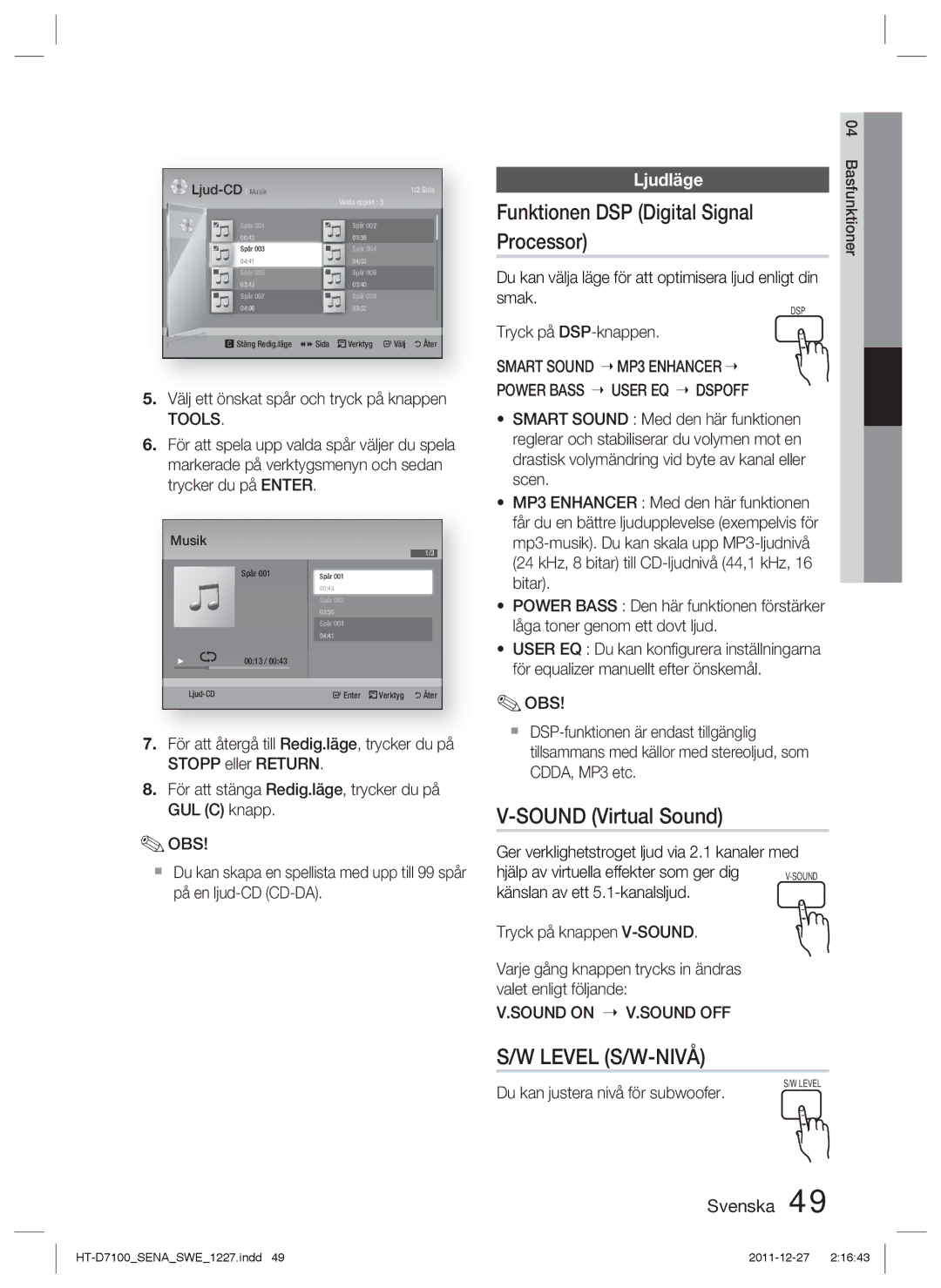 Samsung HT-D7100/XE manual Funktionen DSP Digital Signal Processor, Sound Virtual Sound, Ljudläge 