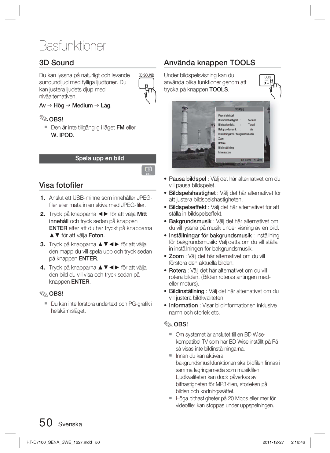 Samsung HT-D7100/XE manual 3D Sound, Visa fotoﬁler, Använda knappen Tools, Spela upp en bild 