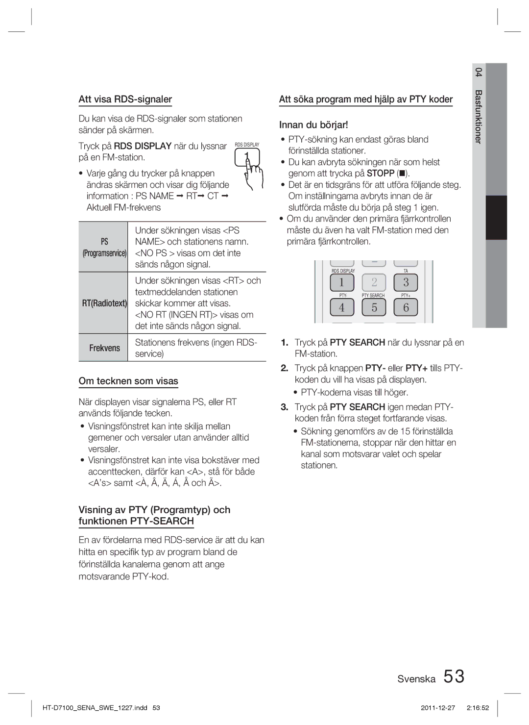 Samsung HT-D7100/XE Att visa RDS-signaler, Om tecknen som visas, Att söka program med hjälp av PTY koder Innan du börjar 