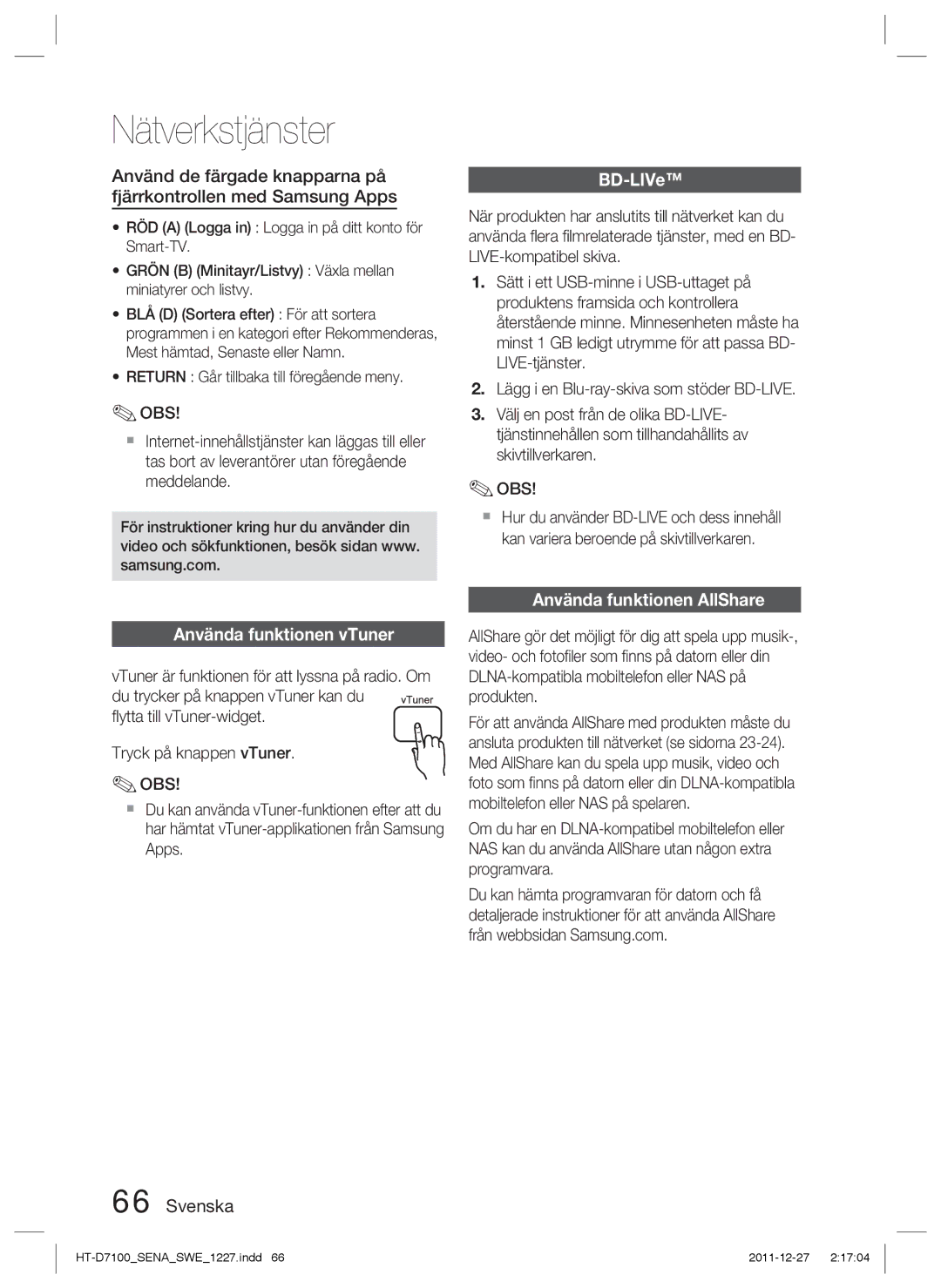 Samsung HT-D7100/XE manual BD-LIVe, Använda funktionen vTuner, Använda funktionen AllShare 