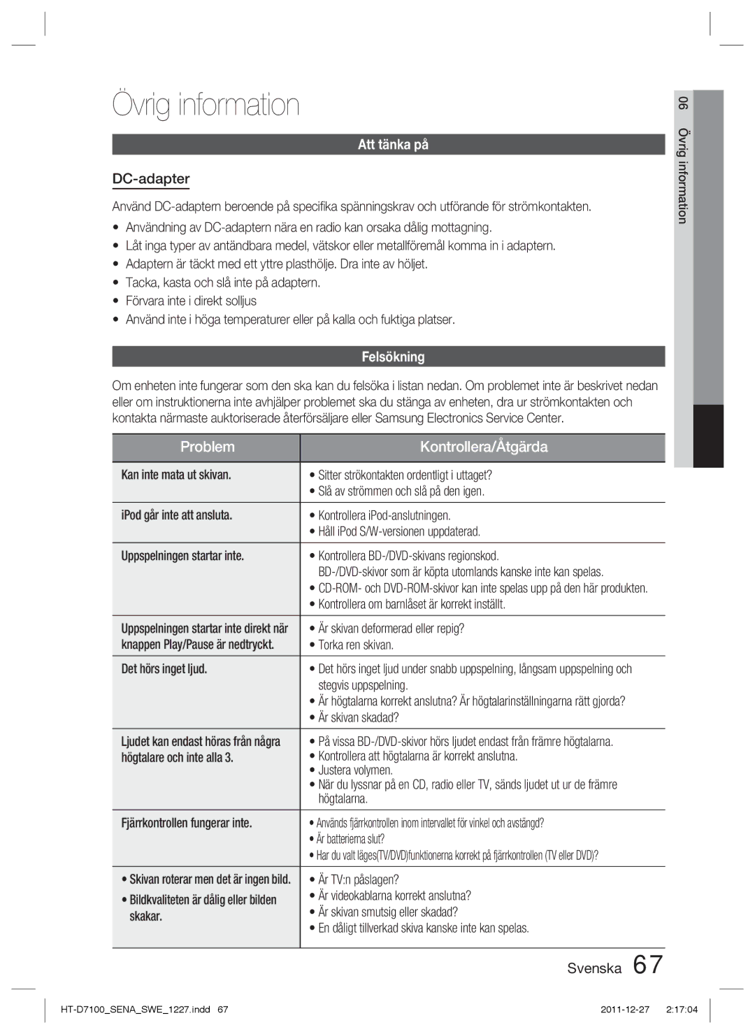 Samsung HT-D7100/XE manual Övrig information, Att tänka på, DC-adapter, Felsökning 