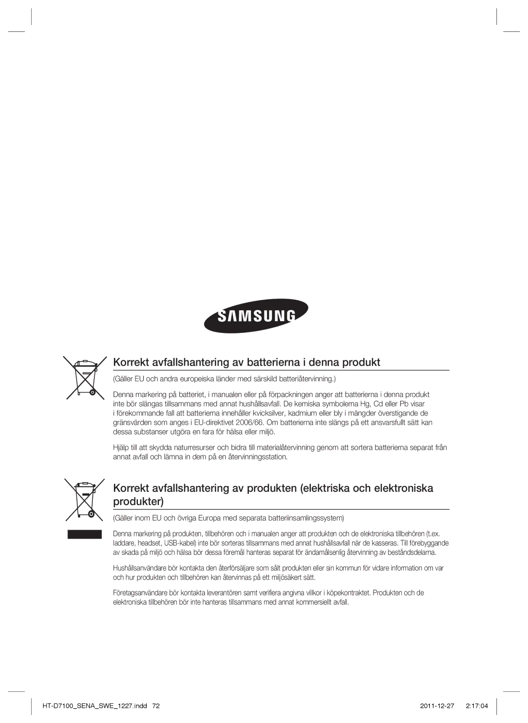 Samsung HT-D7100/XE manual Korrekt avfallshantering av batterierna i denna produkt 