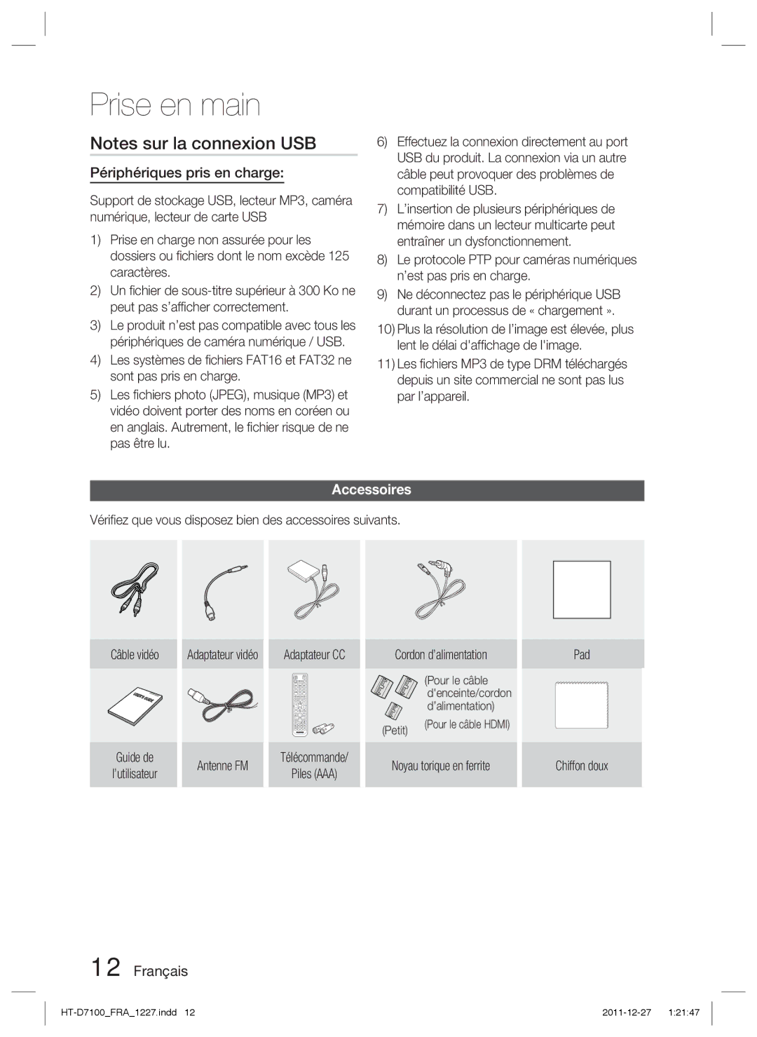 Samsung HT-D7100/ZF Périphériques pris en charge, Accessoires, Noyau torique en ferrite Pad Chiffon doux, Adaptateur vidéo 