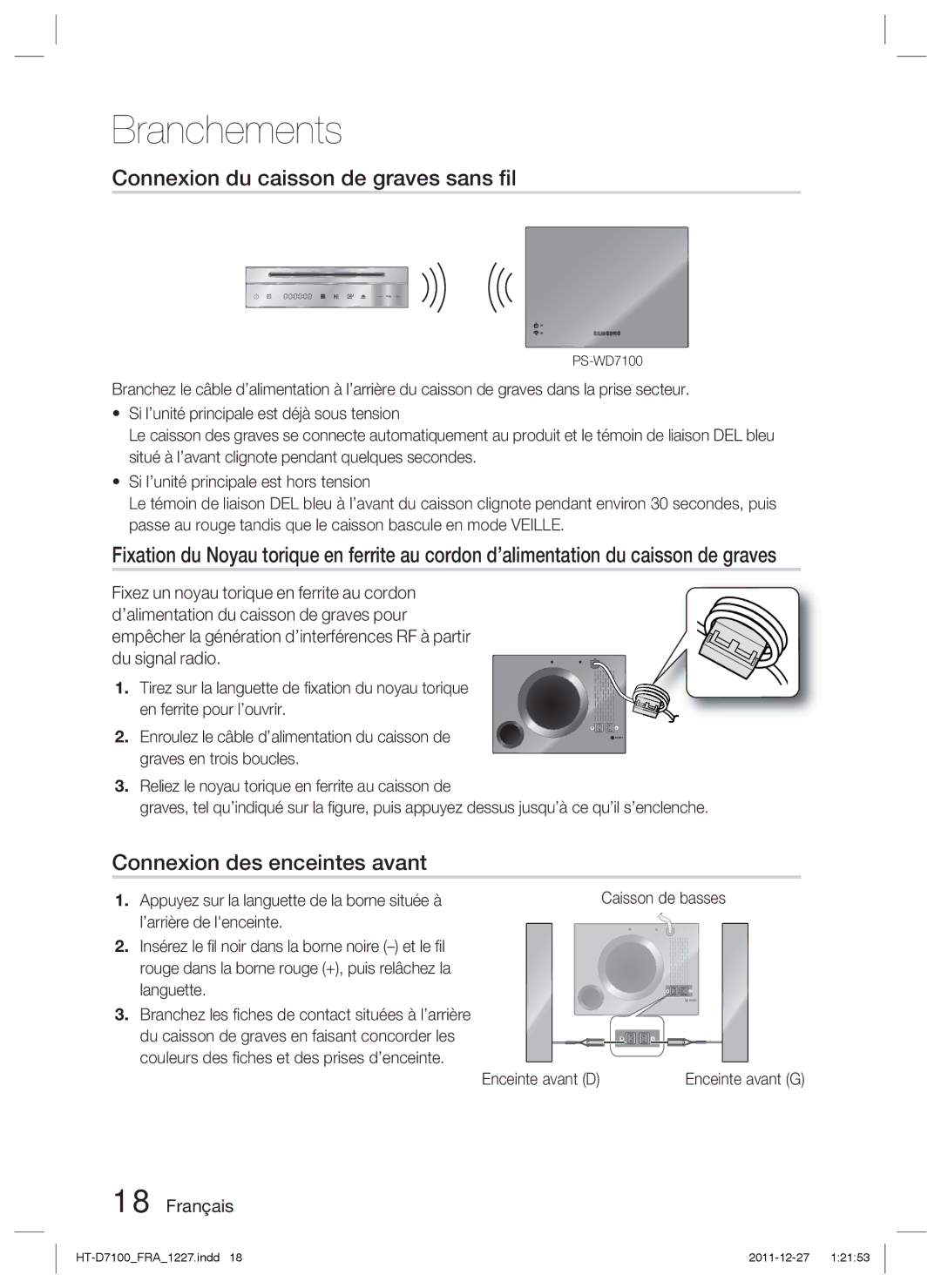 Samsung HT-D7100/ZF Connexion du caisson de graves sans ﬁl, Connexion des enceintes avant, Caisson de basses, PS-WD7100 