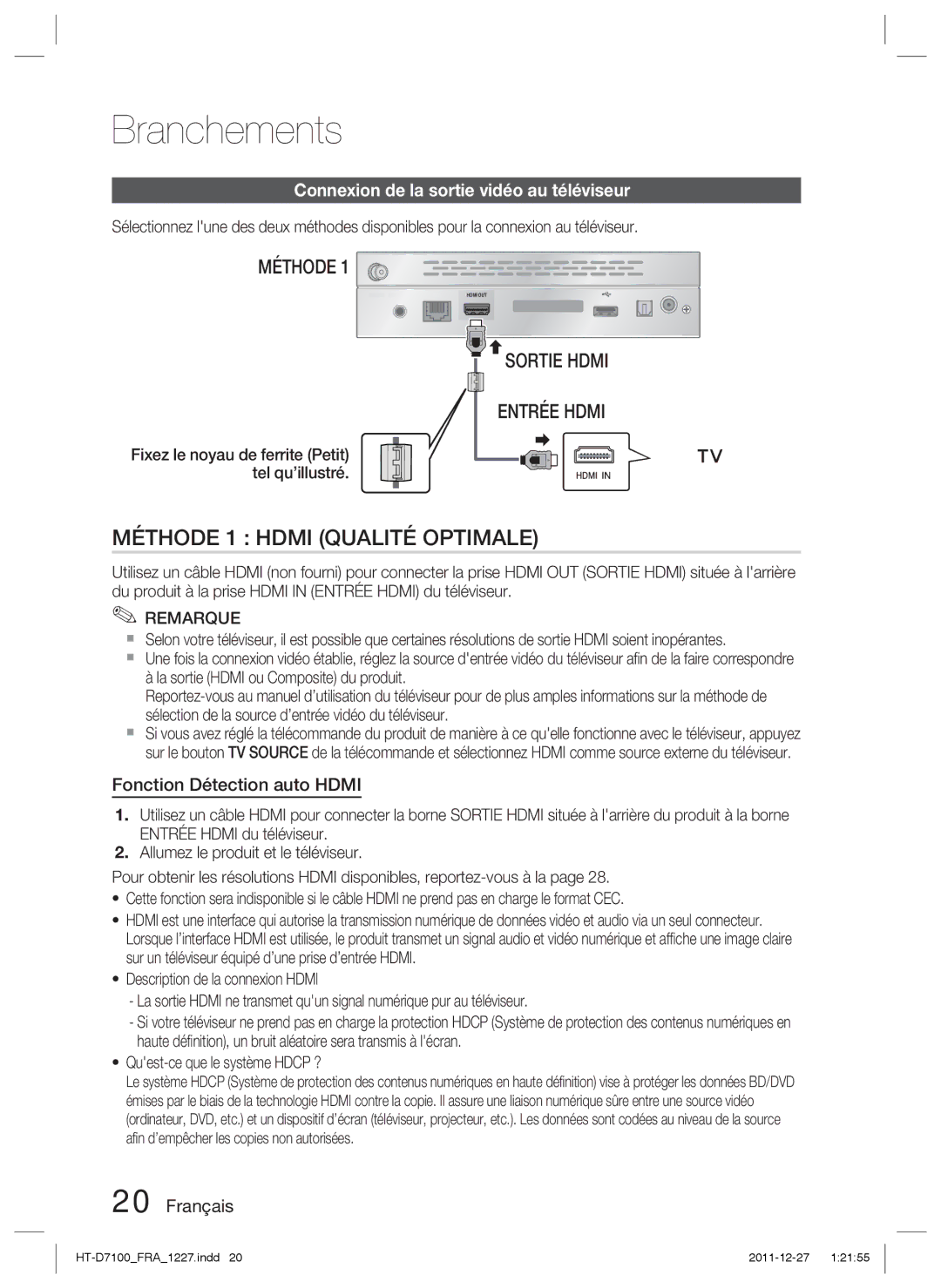 Samsung HT-D7100/ZF manual Connexion de la sortie vidéo au téléviseur, Fonction Détection auto Hdmi 