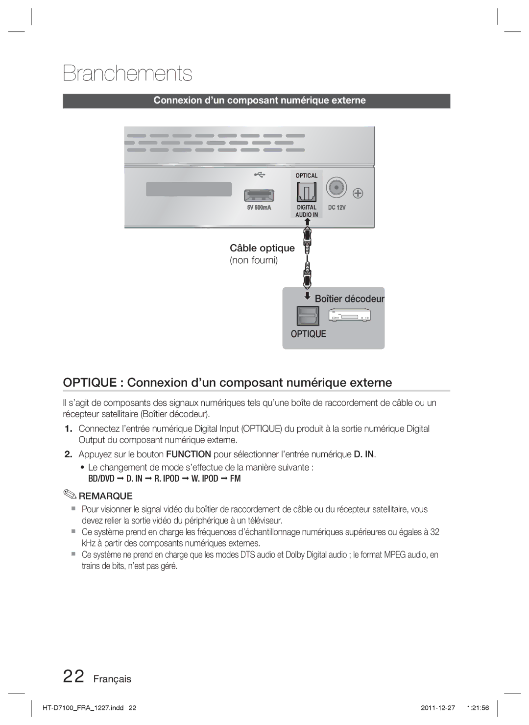 Samsung HT-D7100/ZF manual Optique Connexion d’un composant numérique externe, Câble optique non fourni Boîtier décodeur 