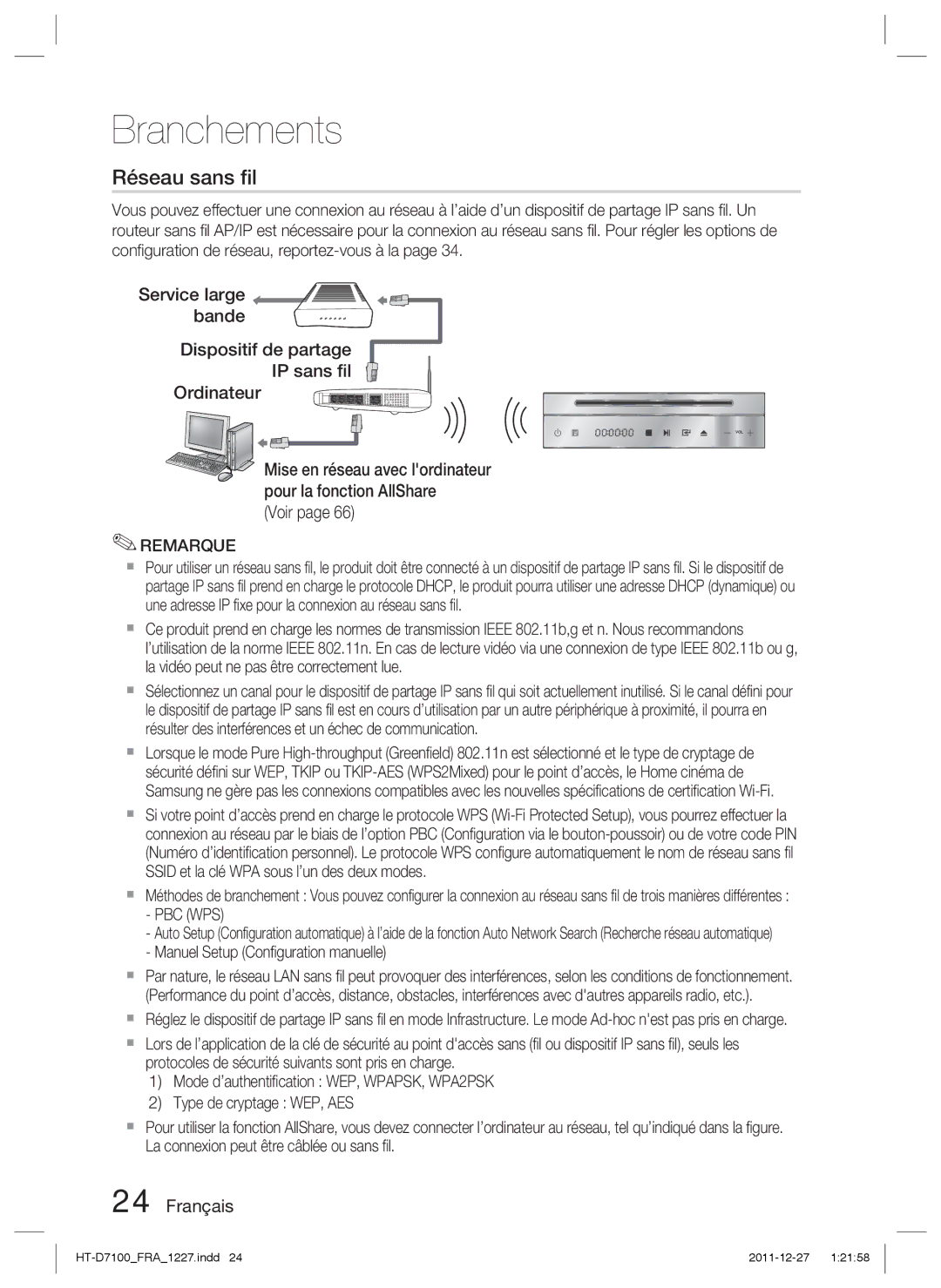 Samsung HT-D7100/ZF manual Voir, Mise en réseau avec lordinateur pour la fonction AllShare, Pbc Wps 