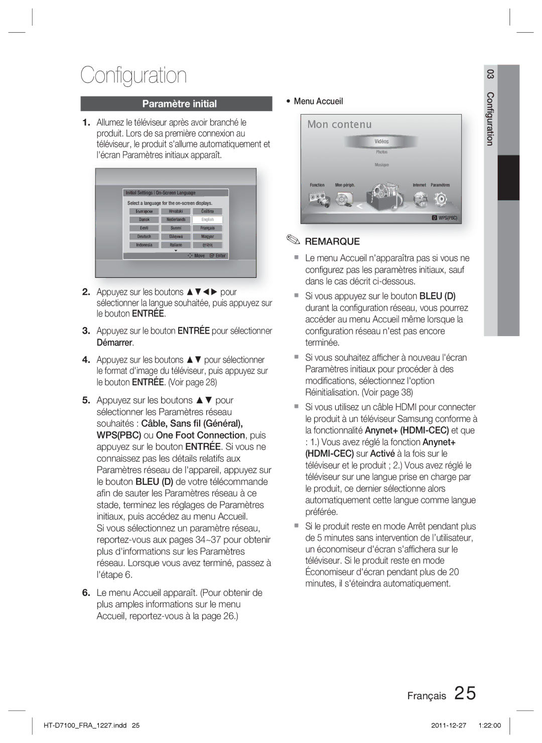 Samsung HT-D7100/ZF manual Conﬁguration, Paramètre initial 