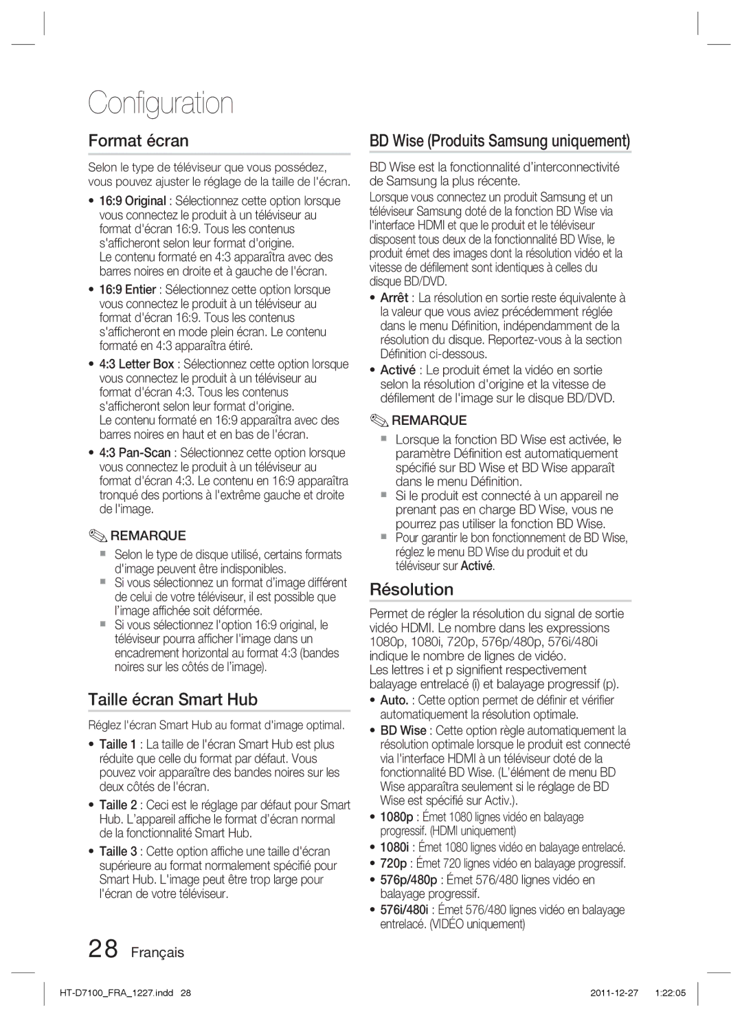 Samsung HT-D7100/ZF manual Format écran, Taille écran Smart Hub, BD Wise Produits Samsung uniquement, Résolution 