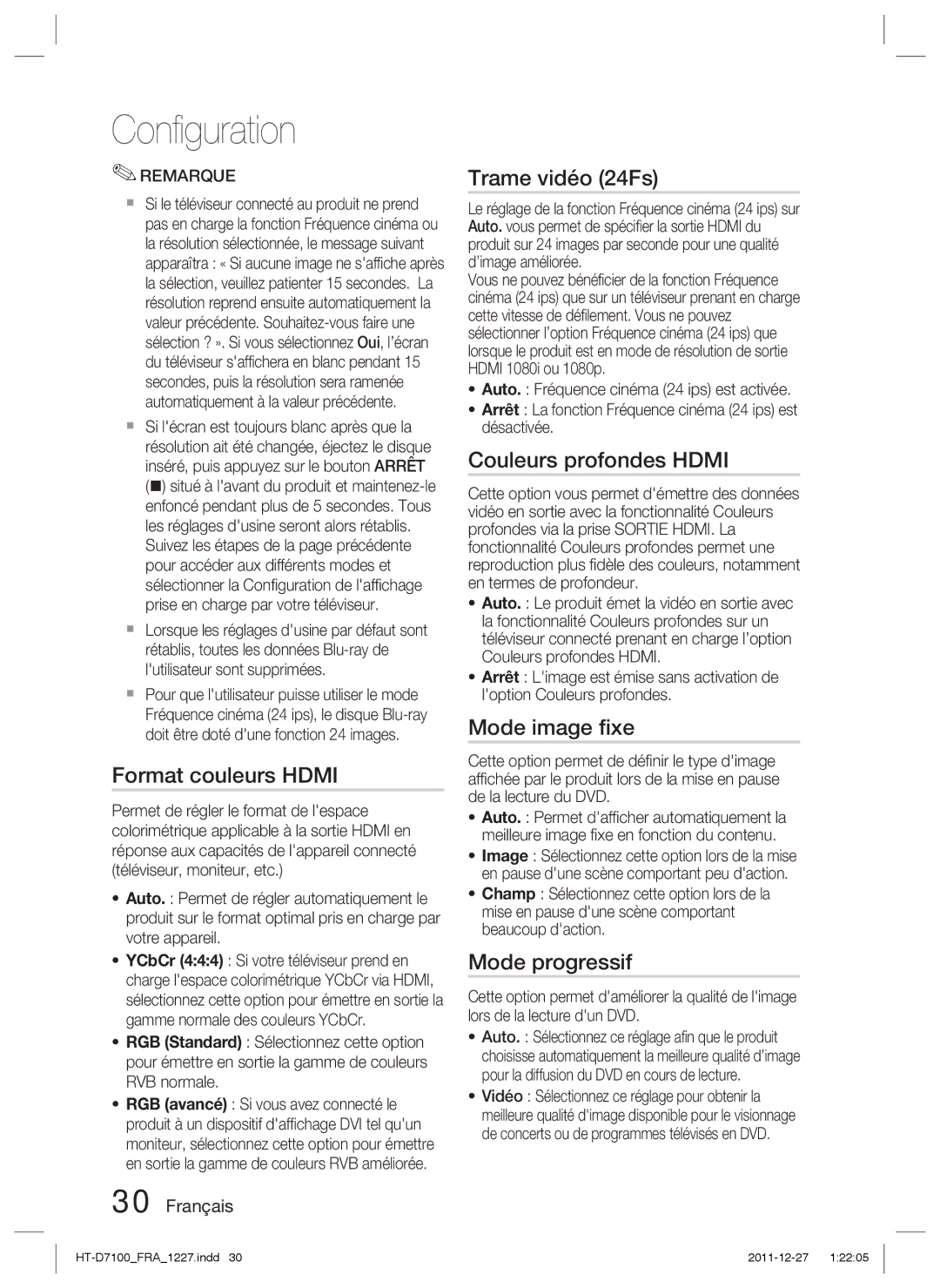 Samsung HT-D7100/ZF manual Format couleurs Hdmi, Trame vidéo 24Fs, Couleurs profondes Hdmi, Mode image ﬁxe, Mode progressif 