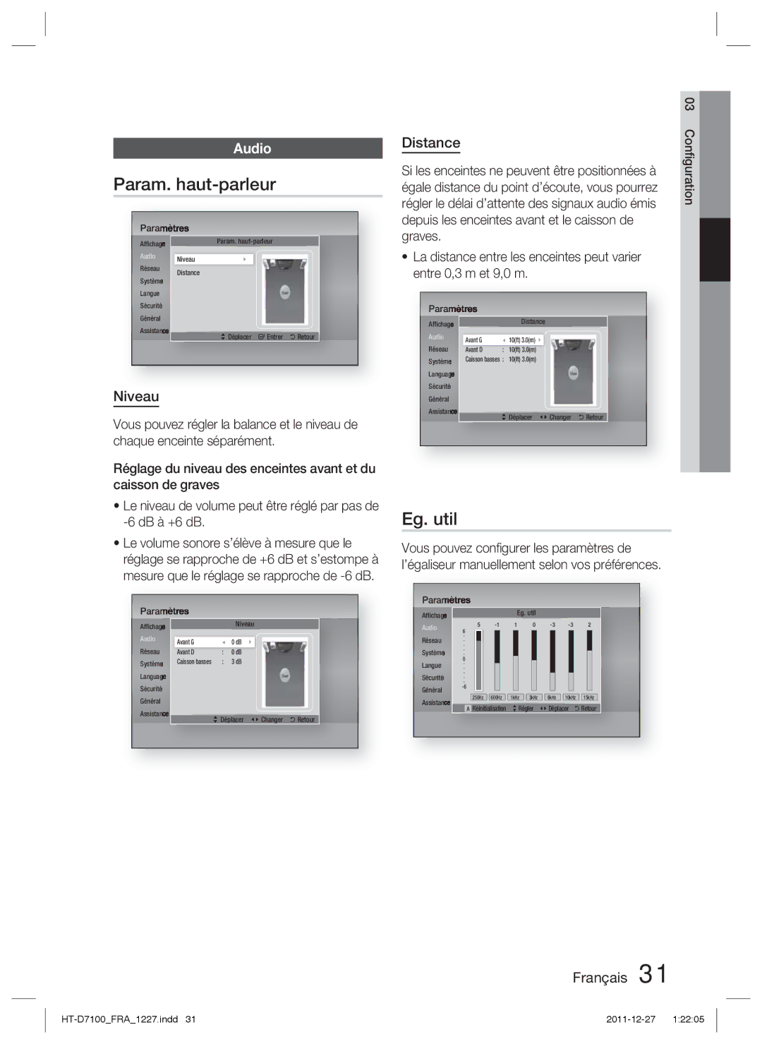 Samsung HT-D7100/ZF manual Param. haut-parleur, Eg. util, Audio, Niveau, Distance 