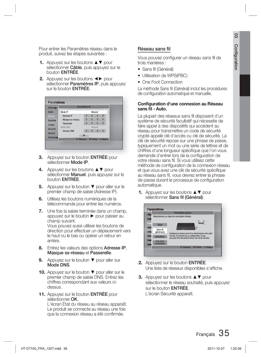 Samsung HT-D7100/ZF manual Conﬁguration dune connexion au Réseau sans ﬁl Auto 