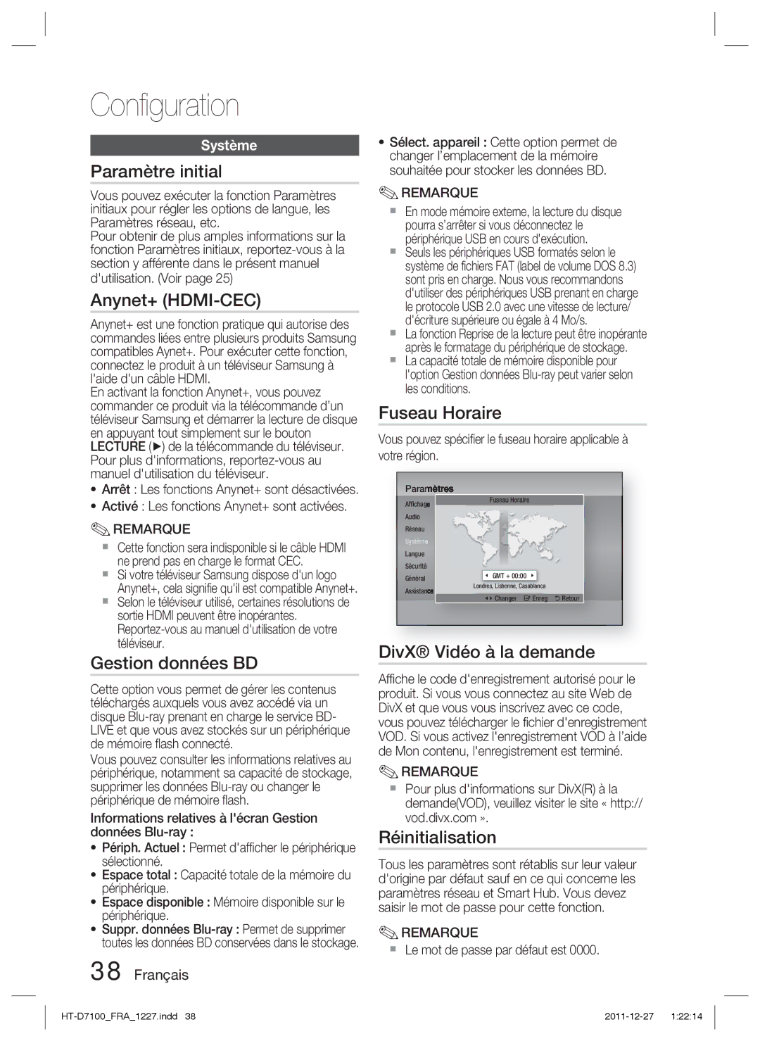 Samsung HT-D7100/ZF manual Paramètre initial, Anynet+ HDMI-CEC, Gestion données BD, Fuseau Horaire, DivX Vidéo à la demande 