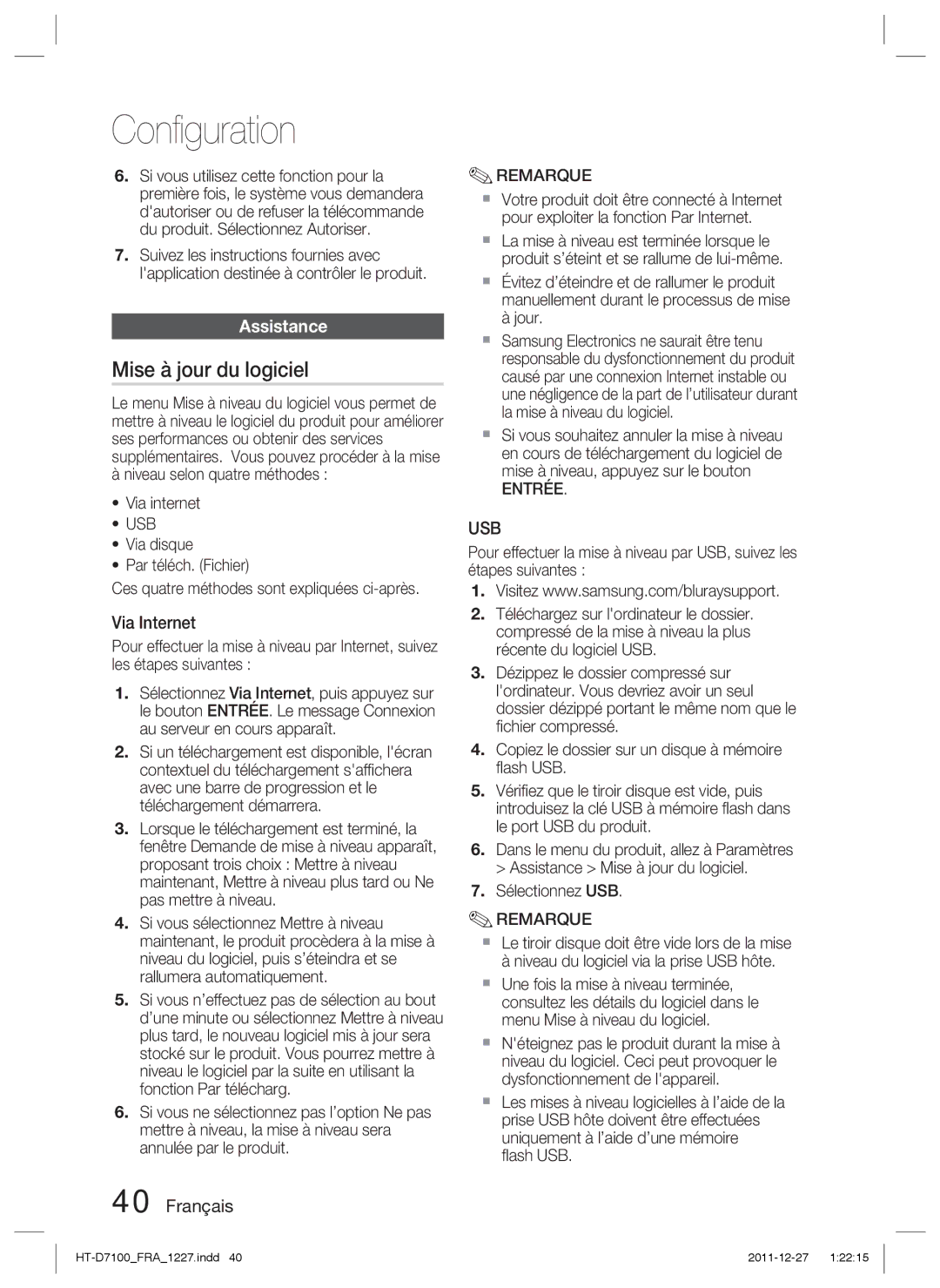 Samsung HT-D7100/ZF manual Mise à jour du logiciel, Assistance, Via Internet, Via internet, Sélectionnez USB 