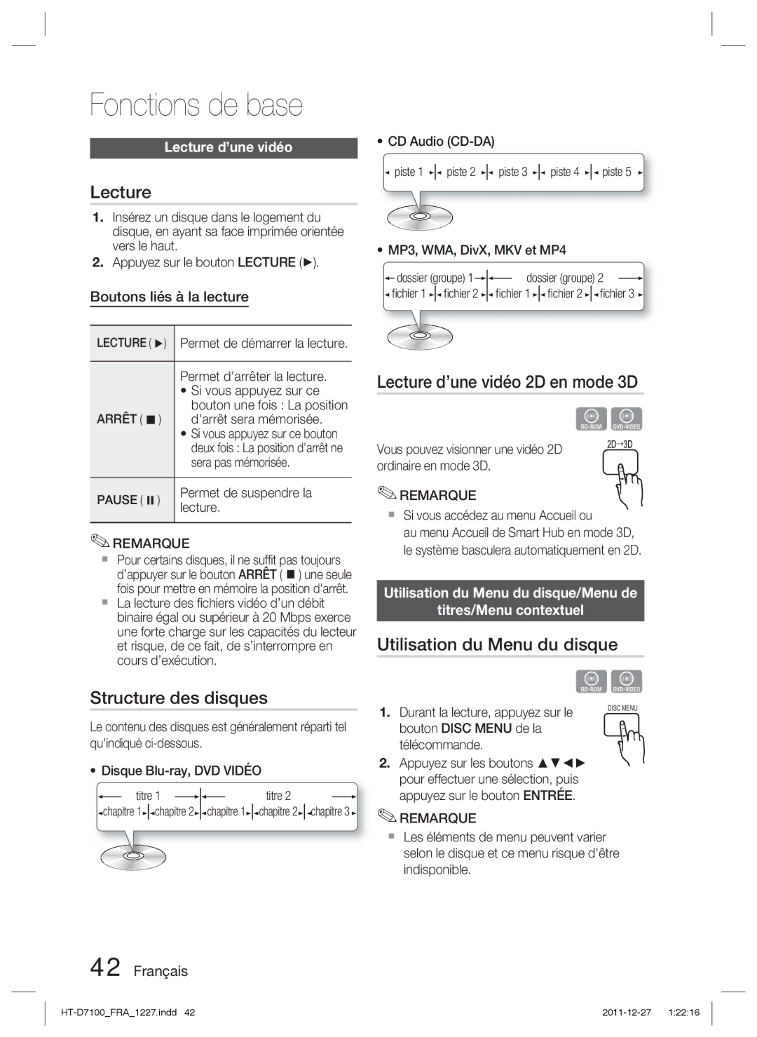 Samsung HT-D7100/ZF manual Fonctions de base, Structure des disques, Lecture d’une vidéo 2D en mode 3D 