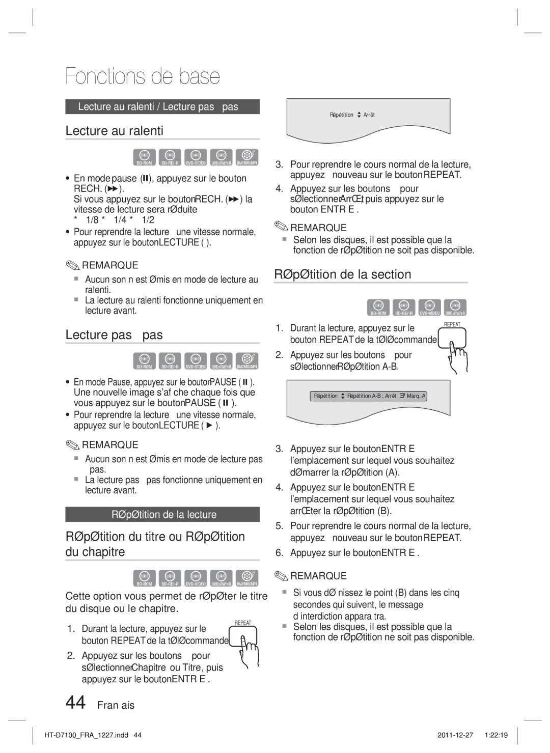 Samsung HT-D7100/ZF manual Lecture au ralenti, Lecture pas à pas, Répétition du titre ou Répétition du chapitre 