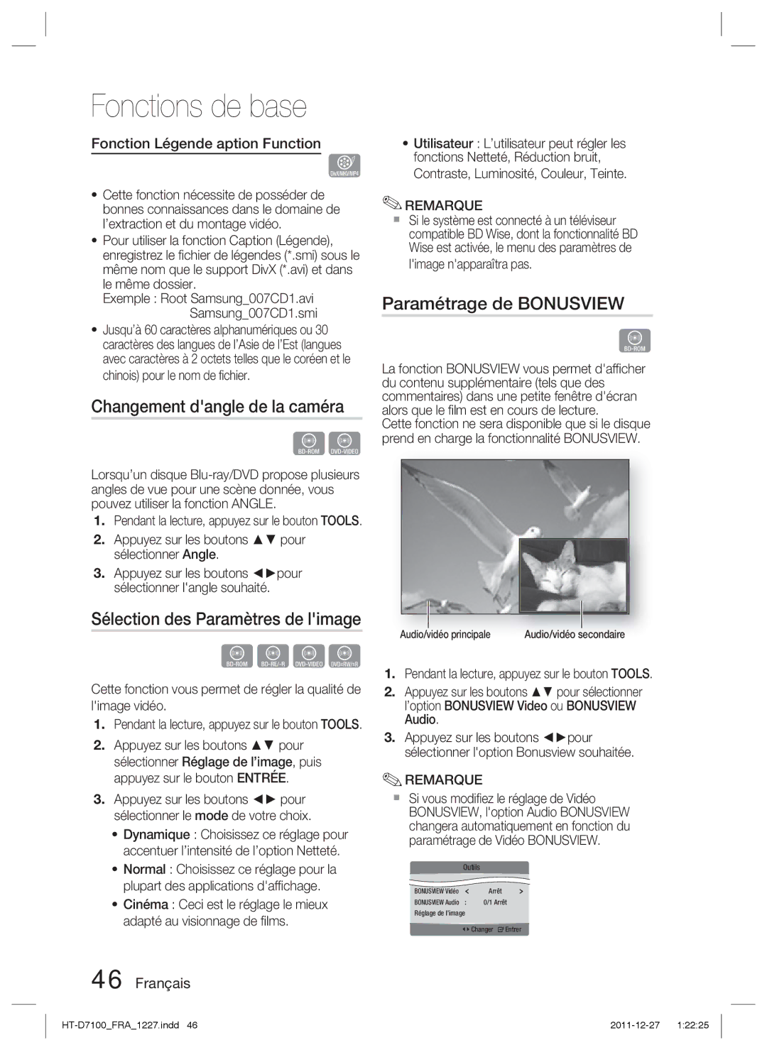 Samsung HT-D7100/ZF manual Changement dangle de la caméra, Sélection des Paramètres de limage, Paramétrage de Bonusview 