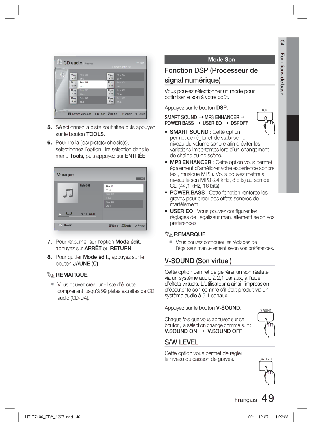 Samsung HT-D7100/ZF manual Fonction DSP Processeur de signal numérique, Sound Son virtuel, Mode Son, Sound on Sound OFF 