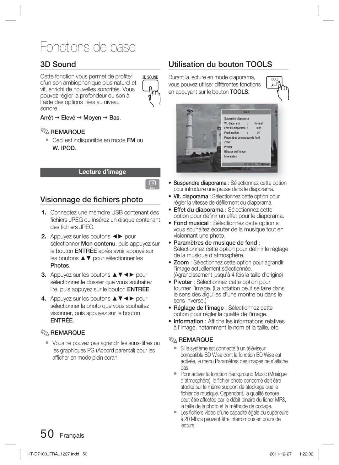 Samsung HT-D7100/ZF manual 3D Sound, Visionnage de ﬁchiers photo, Utilisation du bouton Tools, Lecture d’image 