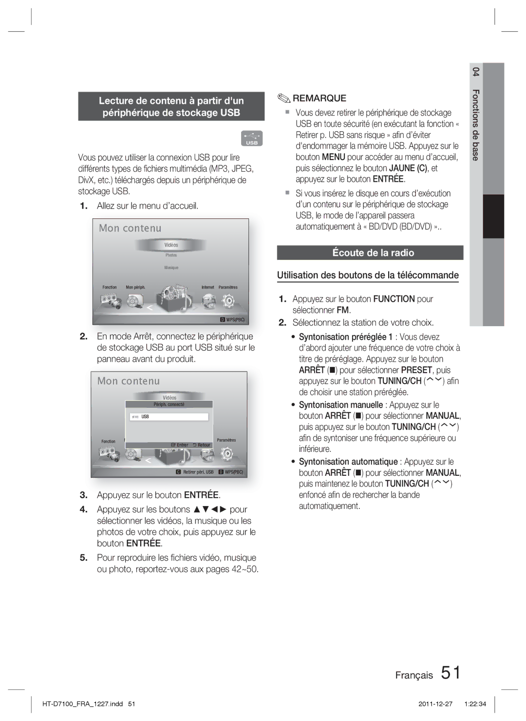 Samsung HT-D7100/ZF manual Lecture de contenu à partir dun Périphérique de stockage USB, Écoute de la radio 