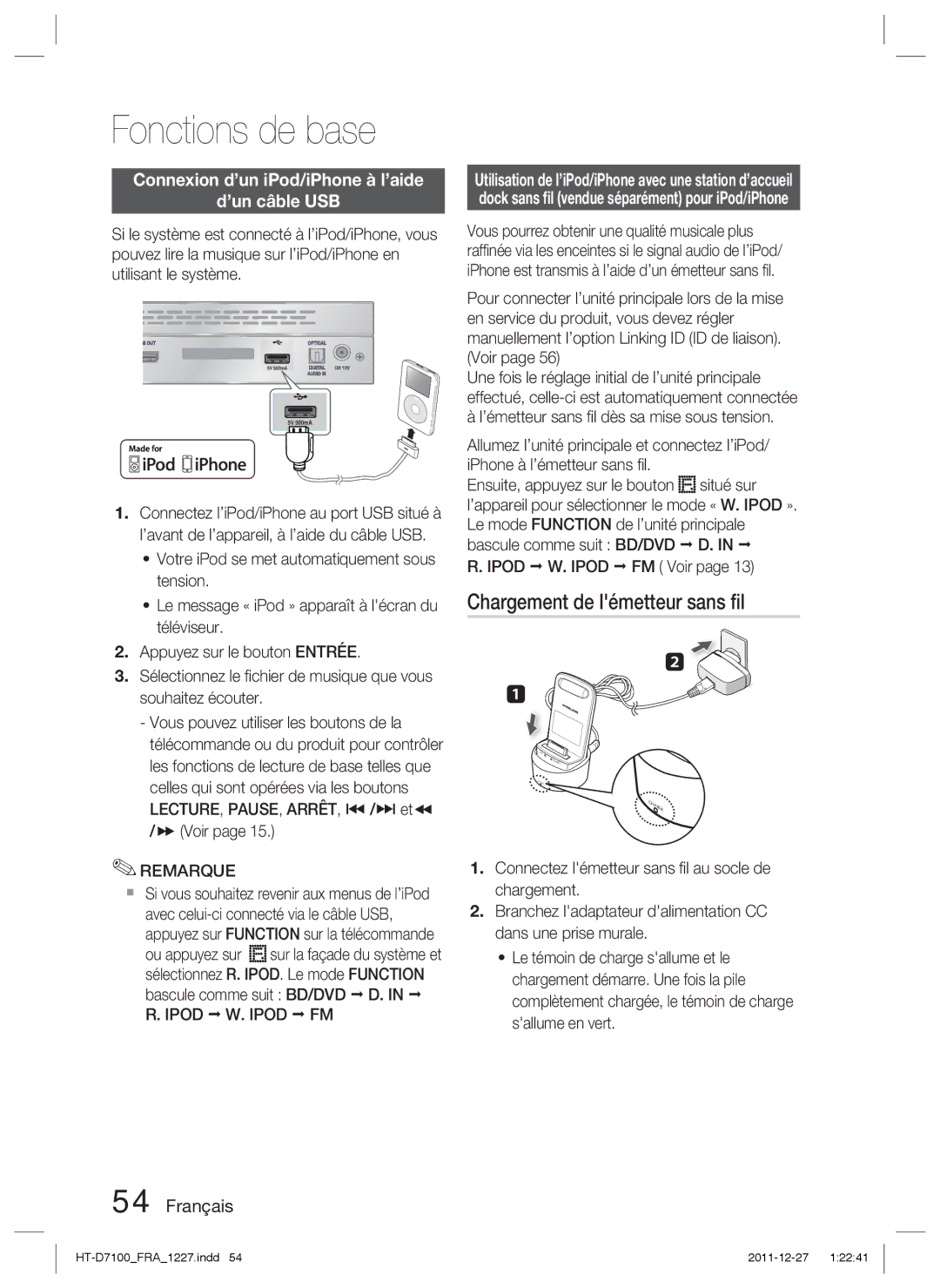 Samsung HT-D7100/ZF Chargement de lémetteur sans ﬁl, Connexion d’un iPod/iPhone à l’aide ’un câble USB, Ipod W. Ipod FM 