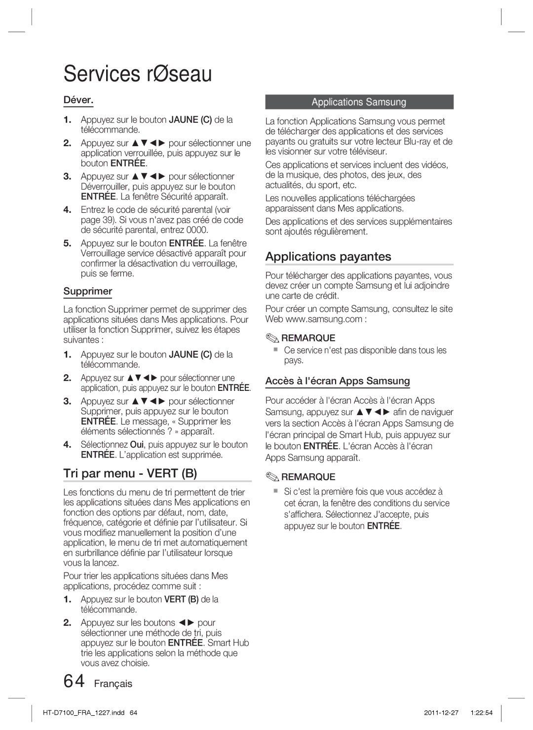 Samsung HT-D7100/ZF manual Tri par menu Vert B, Applications payantes, Applications Samsung 