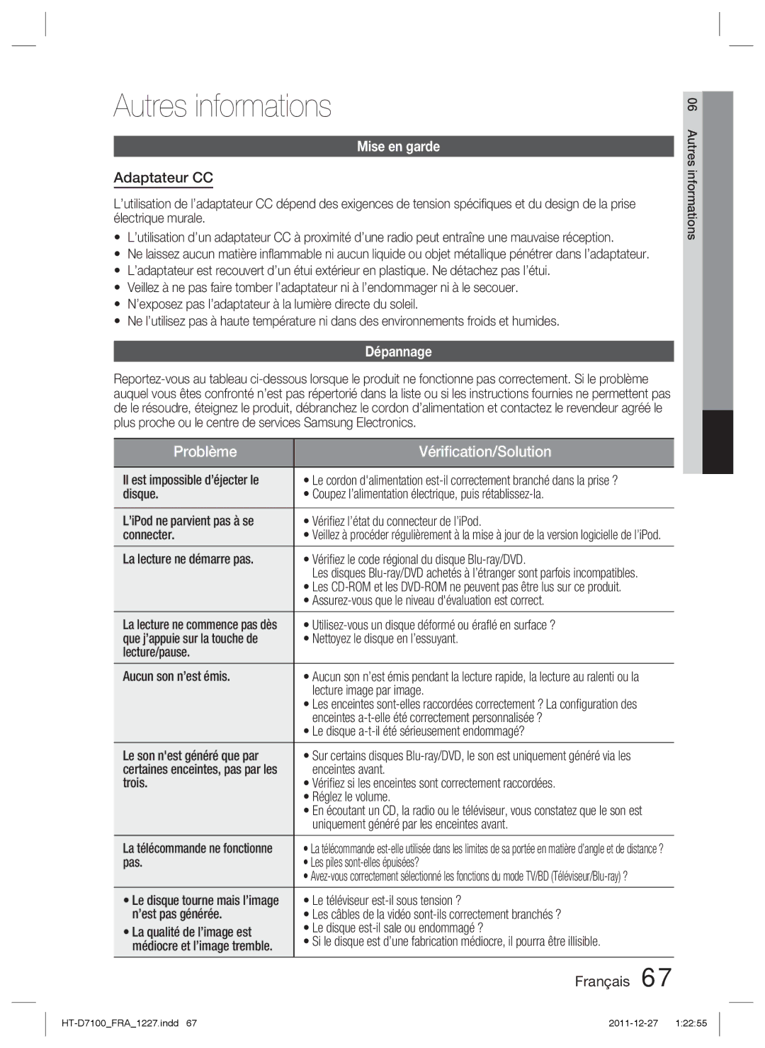 Samsung HT-D7100/ZF manual Autres informations, Mise en garde, Adaptateur CC, Dépannage 