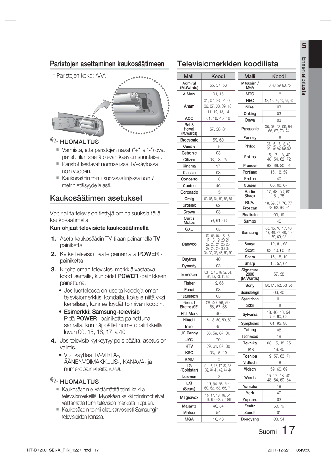 Samsung HT-D7200/XE manual Televisiomerkkien koodilista, Kaukosäätimen asetukset, Paristojen asettaminen kaukosäätimeen 