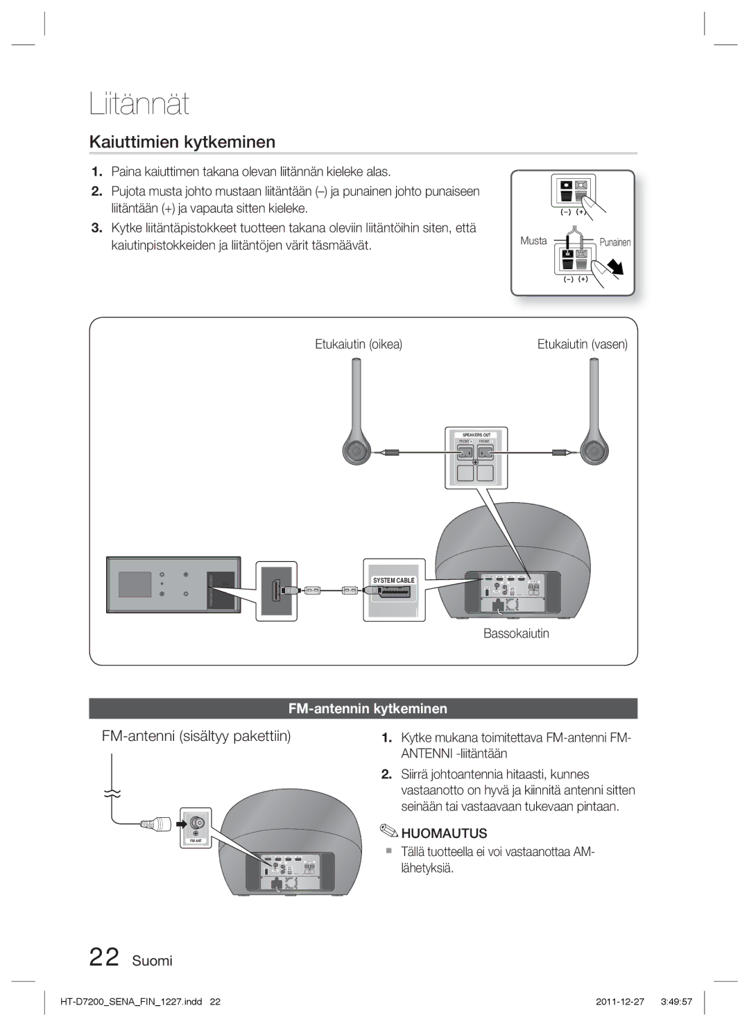 Samsung HT-D7200B/XE, HT-D7200/XE manual Kaiuttimien kytkeminen, FM-antenni sisältyy pakettiin, FM-antennin kytkeminen 