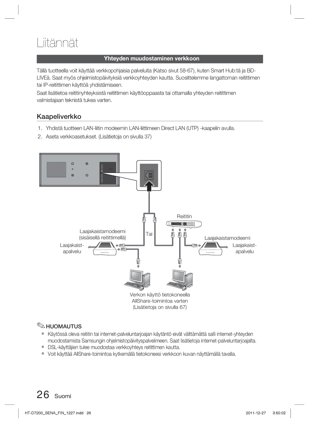 Samsung HT-D7200B/XE, HT-D7200/XE Yhteyden muudostaminen verkkoon, Laajakaist Apalvelu Tai Reititin Laajakaistamodeemi 