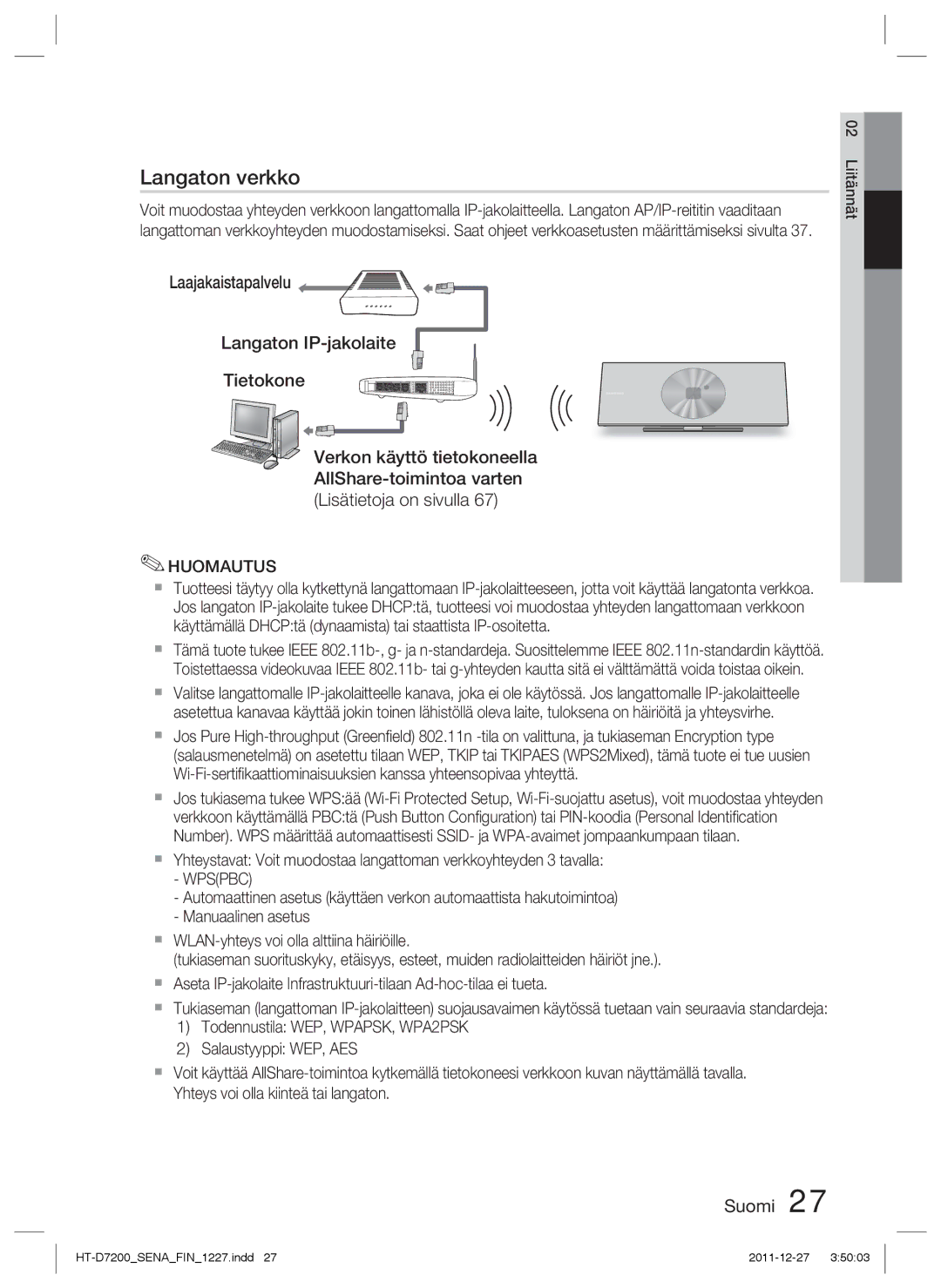 Samsung HT-D7200/XE, HT-D7200B/XE manual Laajakaistapalvelu Langaton IP-jakolaite Tietokone, Wpspbc 