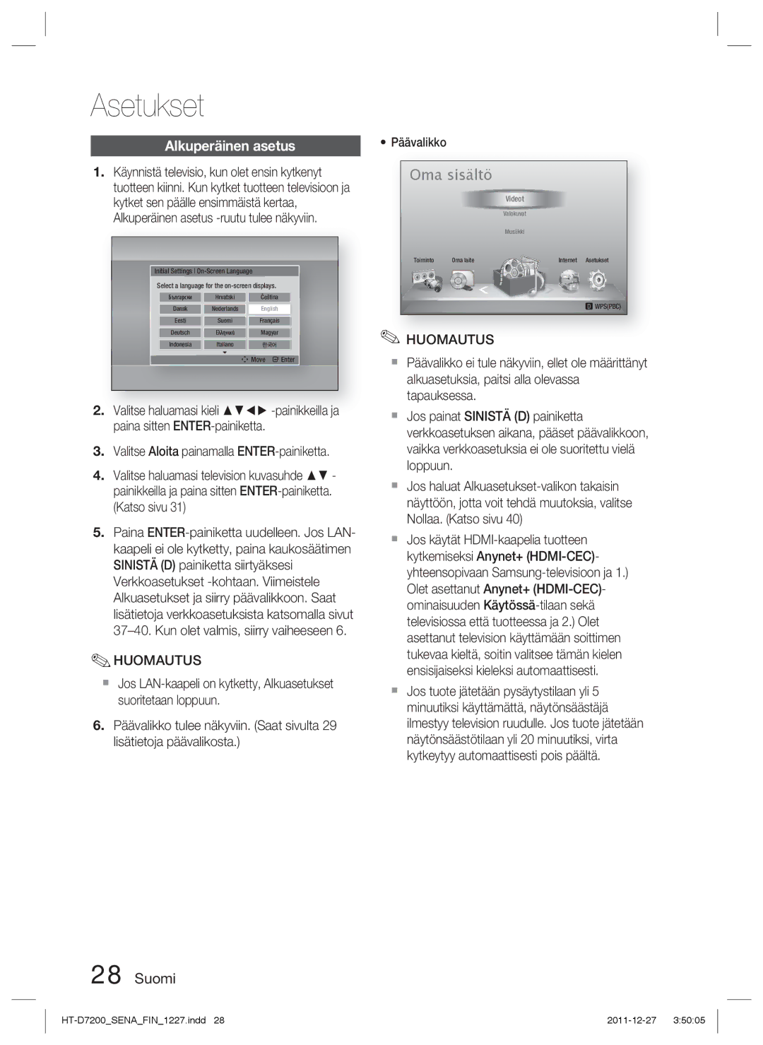 Samsung HT-D7200B/XE, HT-D7200/XE manual Asetukset, Alkuperäinen asetus 