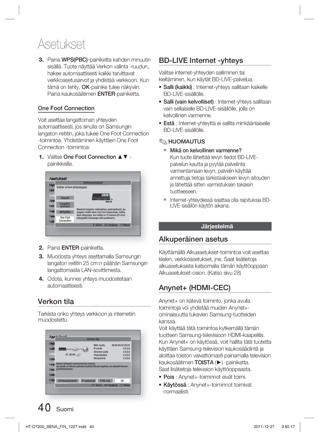 Samsung HT-D7200B/XE manual Verkon tila, BD-LIVE Internet -yhteys, Alkuperäinen asetus, Anynet+ HDMI-CEC, Järjestelmä 