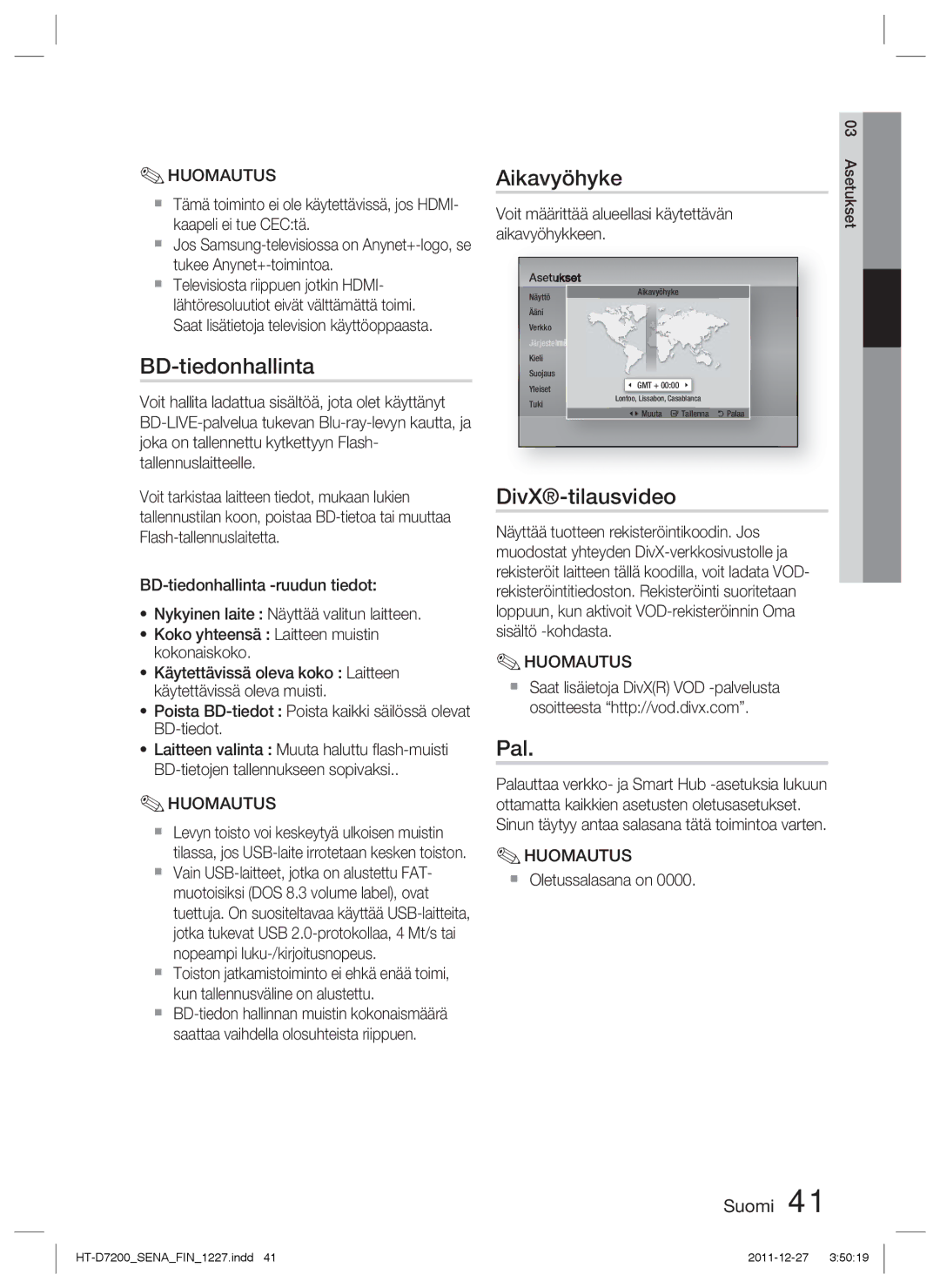 Samsung HT-D7200/XE, HT-D7200B/XE manual BD-tiedonhallinta, Aikavyöhyke, DivX-tilausvideo, Pal 