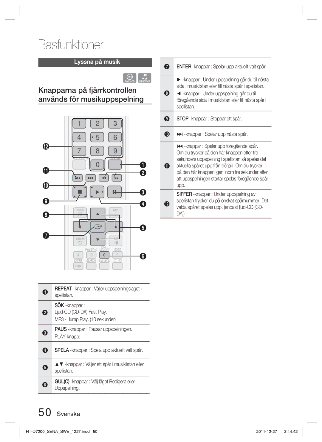 Samsung HT-D7200B/XE, HT-D7200/XE manual Knapparna på fjärrkontrollen används för musikuppspelning, Lyssna på musik 