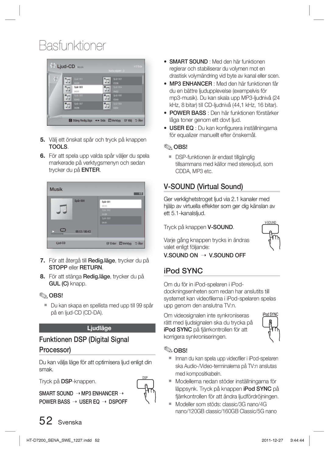 Samsung HT-D7200B/XE, HT-D7200/XE manual Funktionen DSP Digital Signal Processor, Sound Virtual Sound, IPod Sync, Ljudläge 