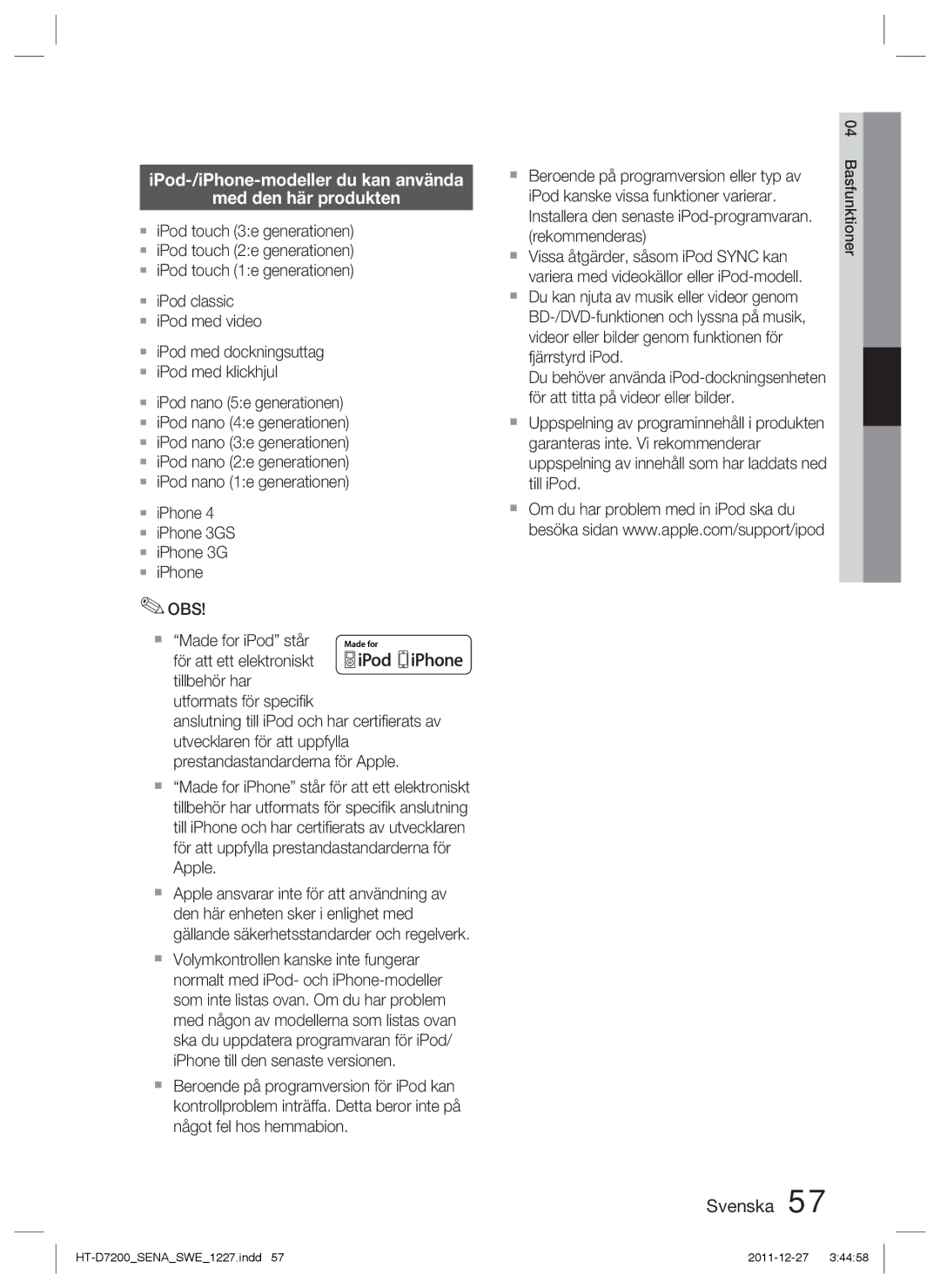 Samsung HT-D7200/XE manual IPod-/iPhone-modeller du kan använda Med den här produkten, För att titta på videor eller bilder 