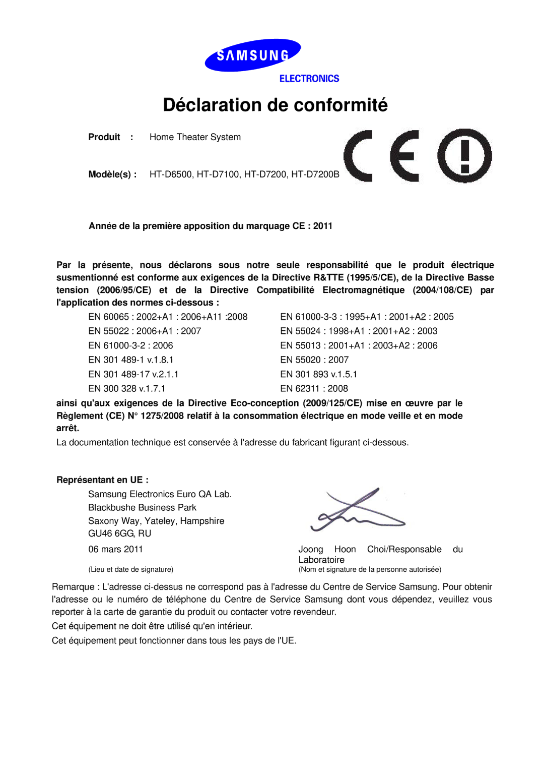 Samsung HT-D7100/ZF, HT-D7200B/ZF, HT-D7200/ZF manual Déclaration de conformité, Représentant en UE 