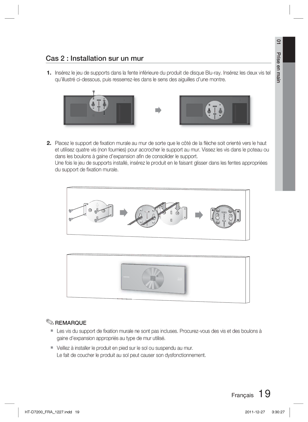 Samsung HT-D7200/ZF, HT-D7200B/ZF manual Cas 2 Installation sur un mur 