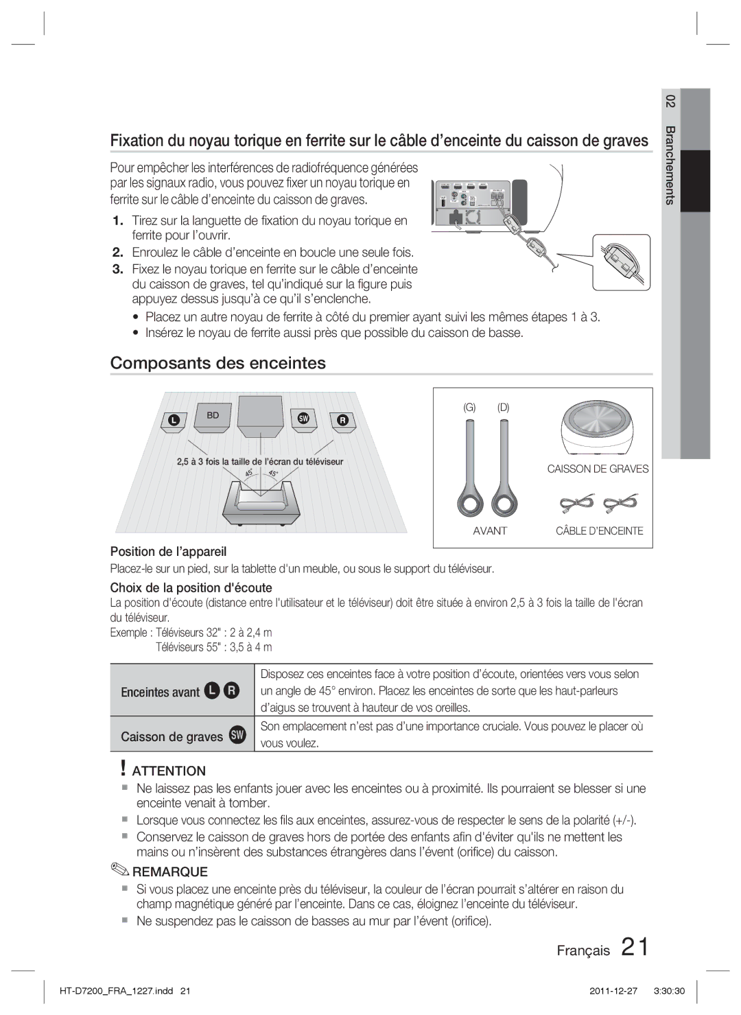 Samsung HT-D7200/ZF, HT-D7200B/ZF manual Composants des enceintes, Enceintes avant ei Caisson de graves g 