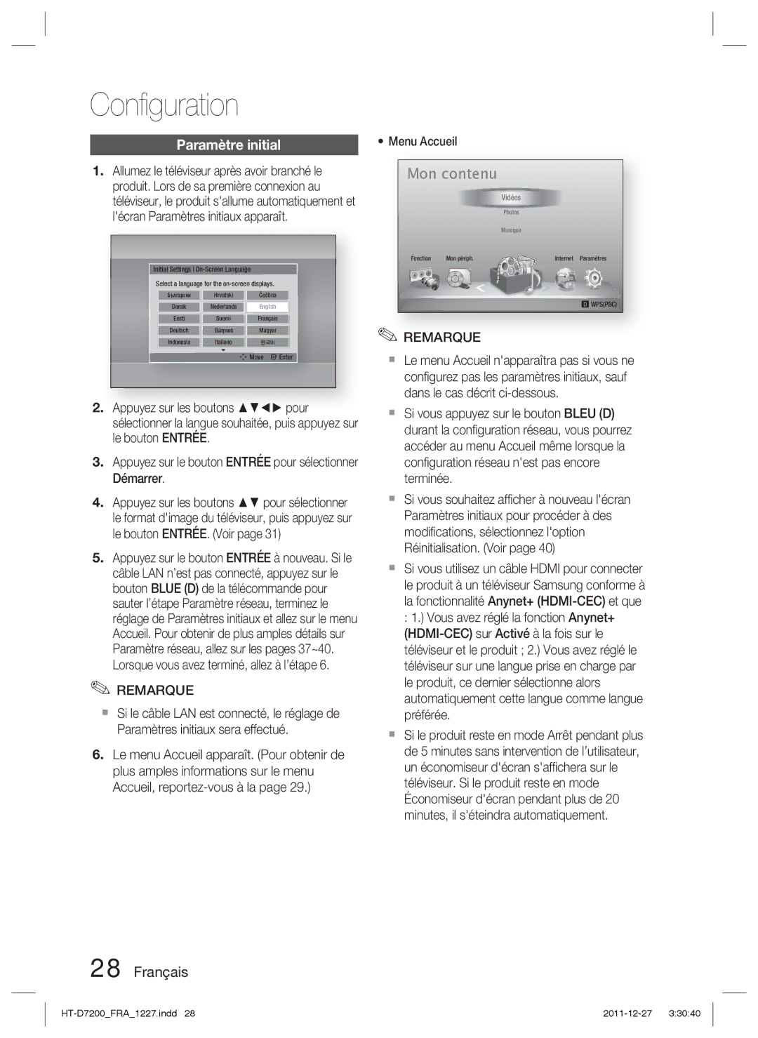 Samsung HT-D7200B/ZF, HT-D7200/ZF manual Conﬁguration, Paramètre initial, Menu Accueil 