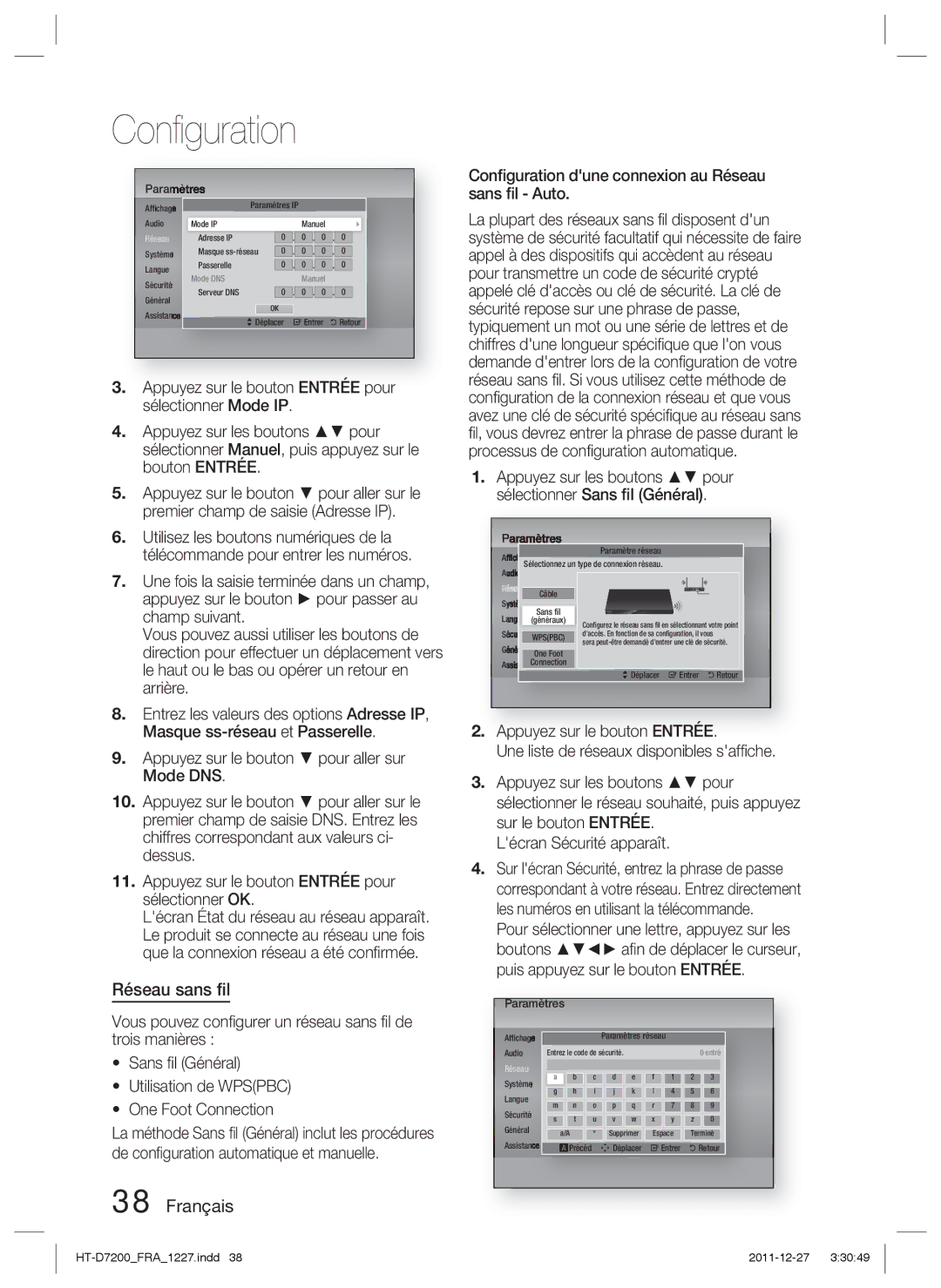 Samsung HT-D7200B/ZF, HT-D7200/ZF manual Conﬁguration dune connexion au Réseau sans ﬁl Auto 