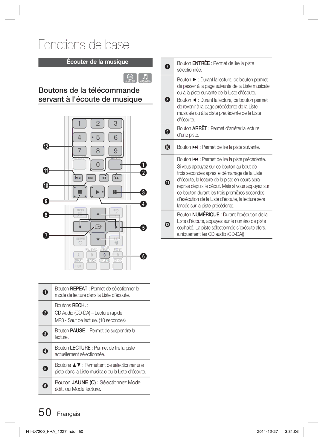 Samsung HT-D7200B/ZF, HT-D7200/ZF manual Boutons de la télécommande servant à lécoute de musique, Écouter de la musique 